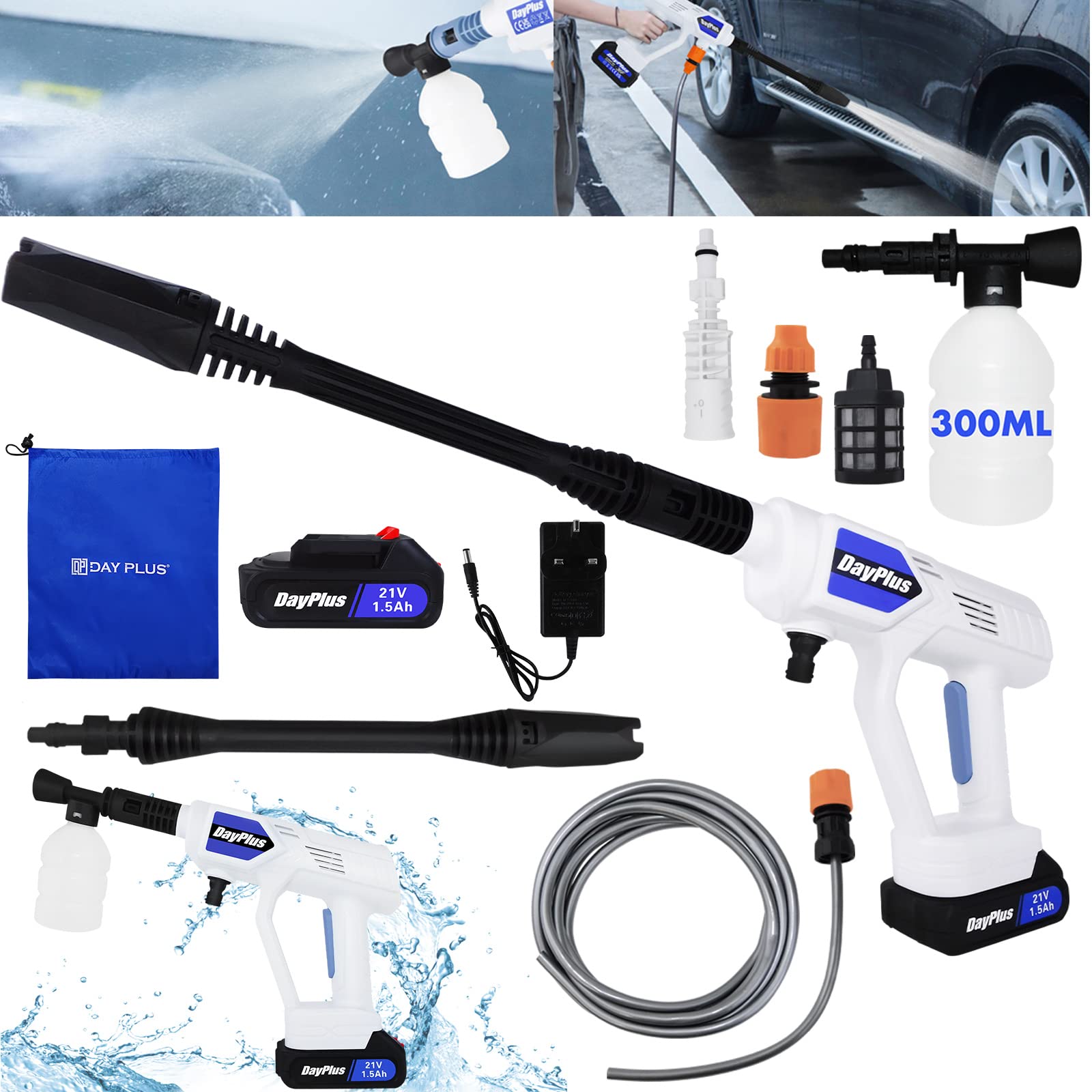 Cordless Power Washer Kit - 21V Battery Portable Car High Pressure Washer Jet Water Wash Cleaner Gun with 1.5Ah Battery, Nozzle, Foam Pot, 16FT Hose, Cordless Jet Washer for Patios & Cars