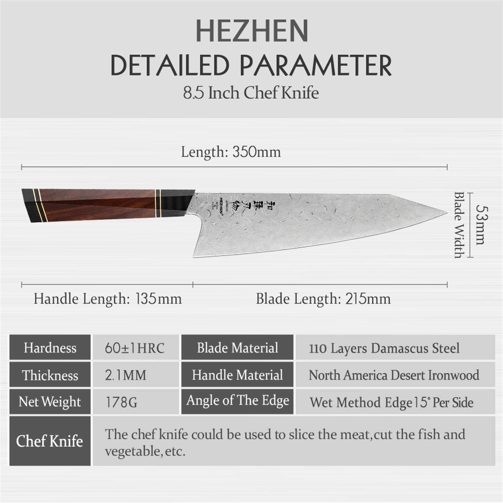 8.5 pollici Chef Knife 110 Strati Professional Damasco Super Steel Bella confezione regalo Cucina Cucina Coltelli da cucina Coltello da cucina