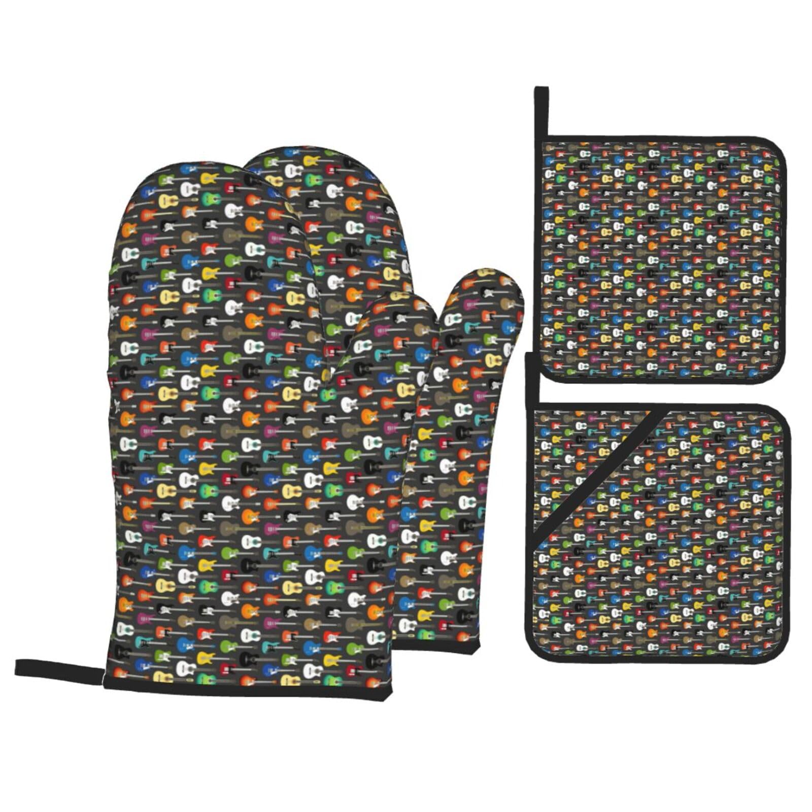 Color Acoustic And Guitars Print Stylish Heat-Resistant Oven 4-Piece Set Kitchen Gloves Roasting Daily Cooking