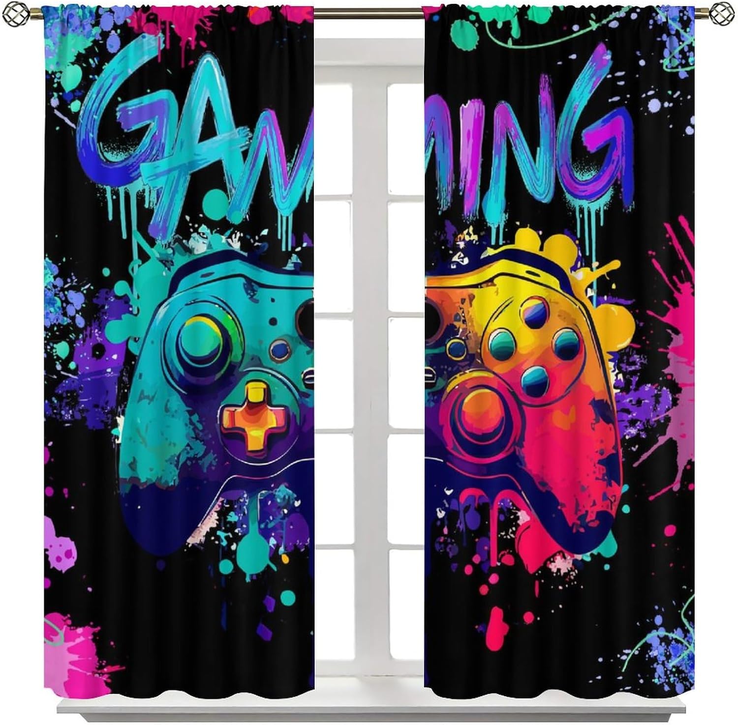 Game Curtains Cartoon Gamepad Boy Girls Teen Bedroom Neon Decorative Curtains for Kitchen Living Room Curtain Set 2 Panels 42x45 Inch