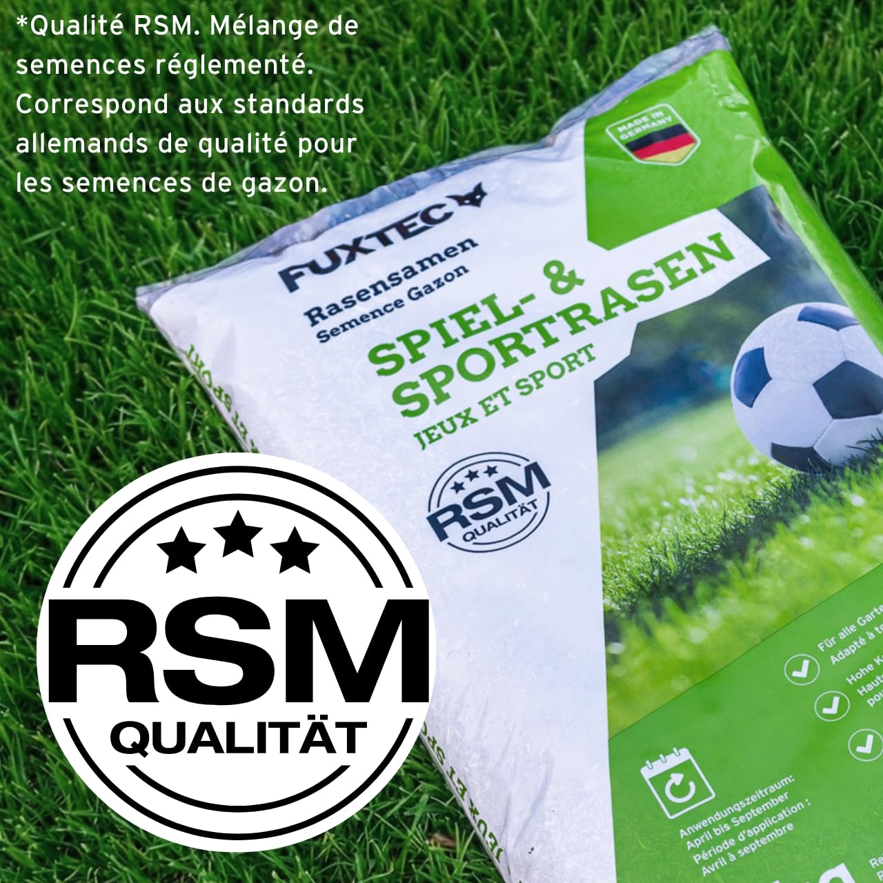 FUXTEC FX-RSSP5 Graines de pelouse, gazon de jardin robuste pour semis neuf et ultérieur, grande capacité de germination, croissance dense, résistante et résistante à l'écrasement, 5 kg pour env. 250