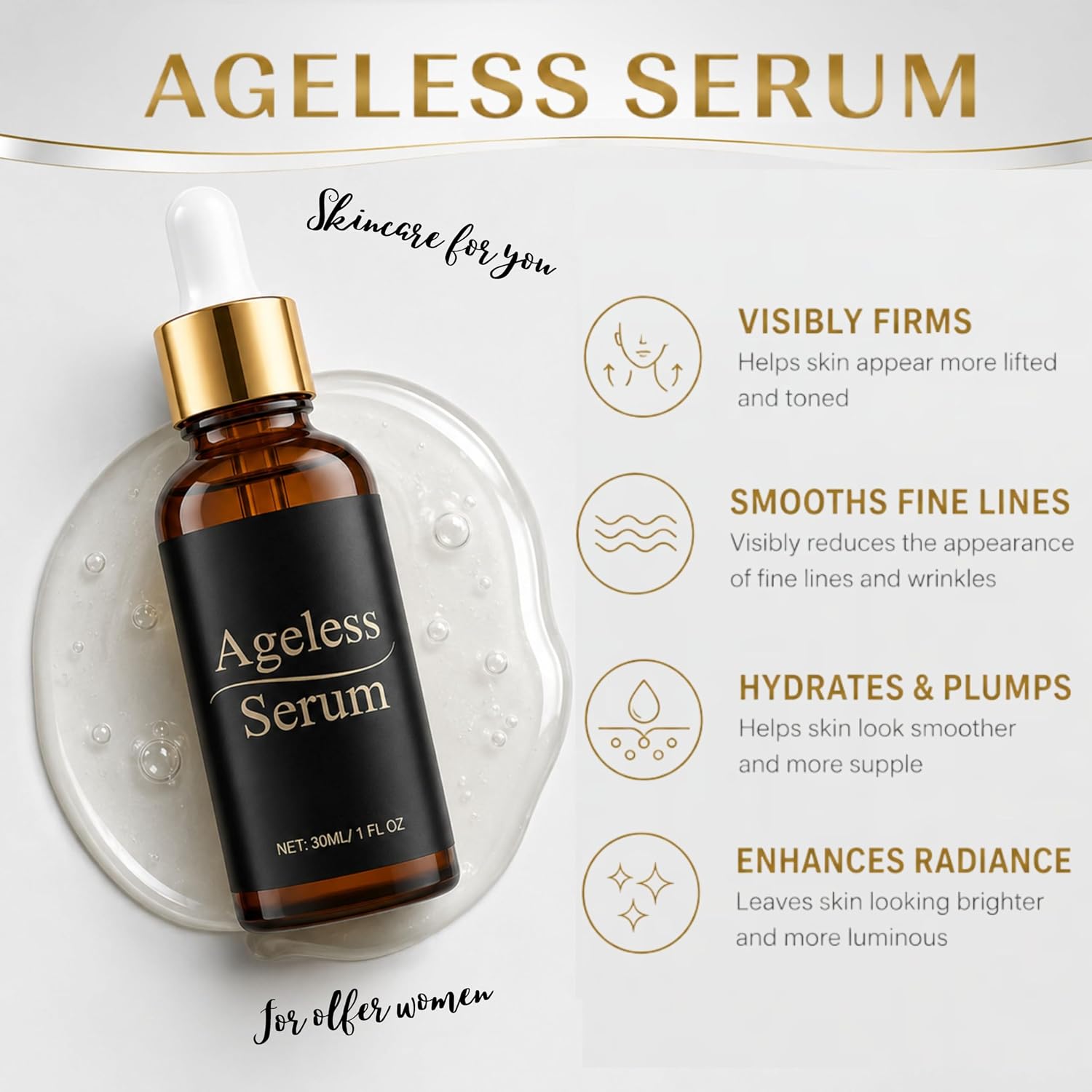 Ageless Serum for Face - Face Serum with Hyaluronic Acid, Niacinamide & Peptides - Reduces Appearance of Fine Lines & Wrinkles (30ml) (1 Pack)