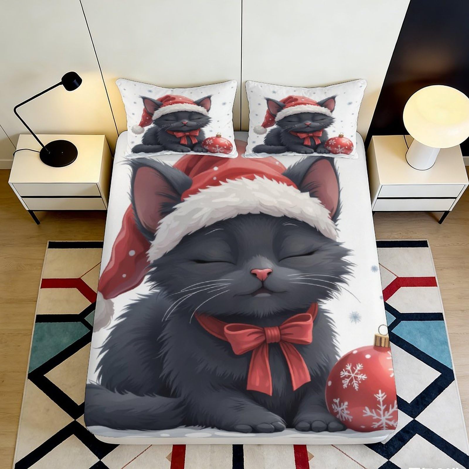 3D Printed Christmas Cat Fitted Sheet Microfiber Soft Anti-Slip Santa Hat Bed Cover for Bedroom Guestroom Mattress Protection 90x200x25cm