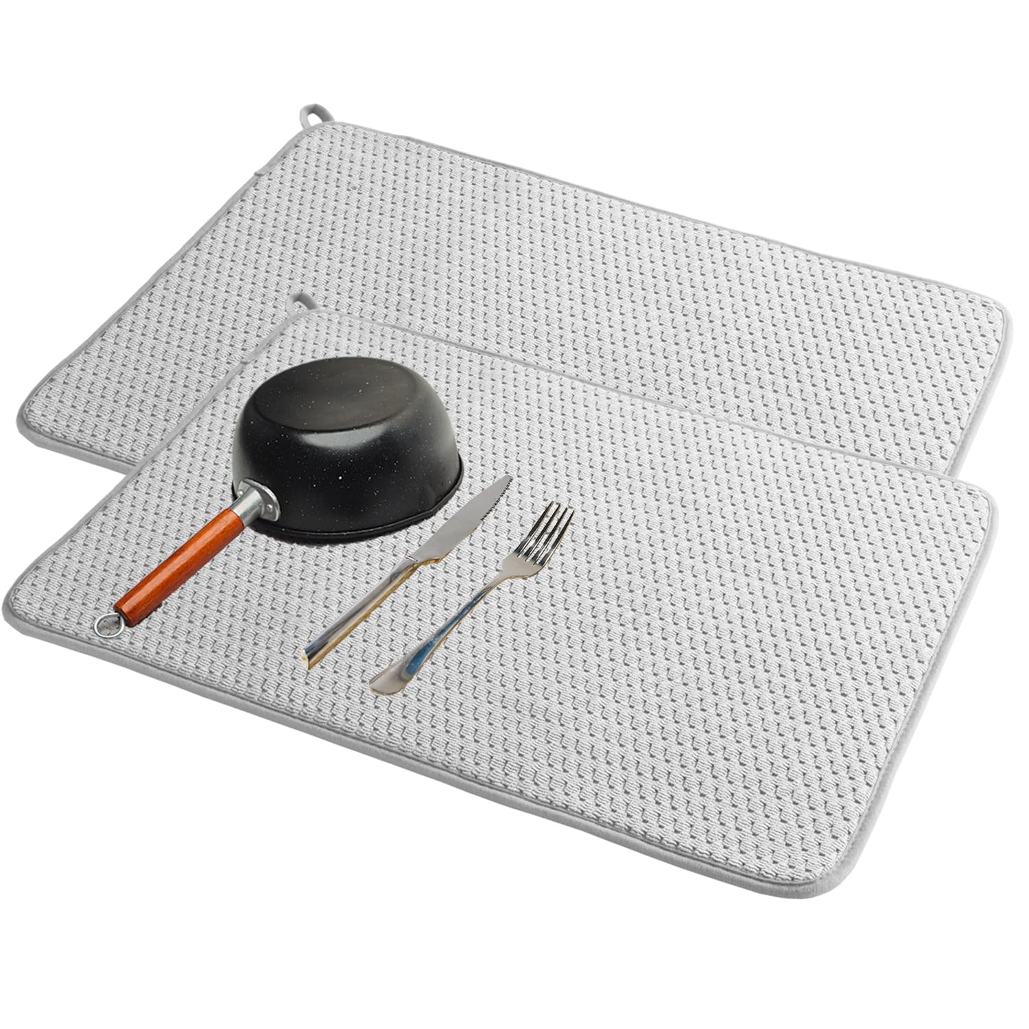 PIMEKOY 2 Pack Dish Drying Mat for Kitchen Sink Counter 44×60cm, Super Absorbent Draining Board Mats Large Washable Microfiber Dishes Drainer Rack Pad for Worktop Countertop (Grey)