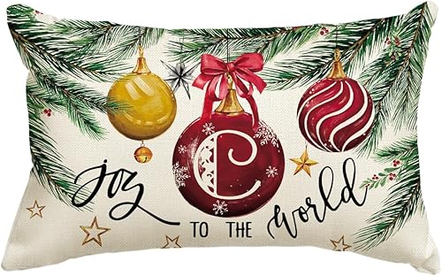 AVOIN colorlife Funda de almohada con monograma de Navidad, letra C, 12 x 20 pulgadas, diseño de letras de apellido Joy to The World, decoración con