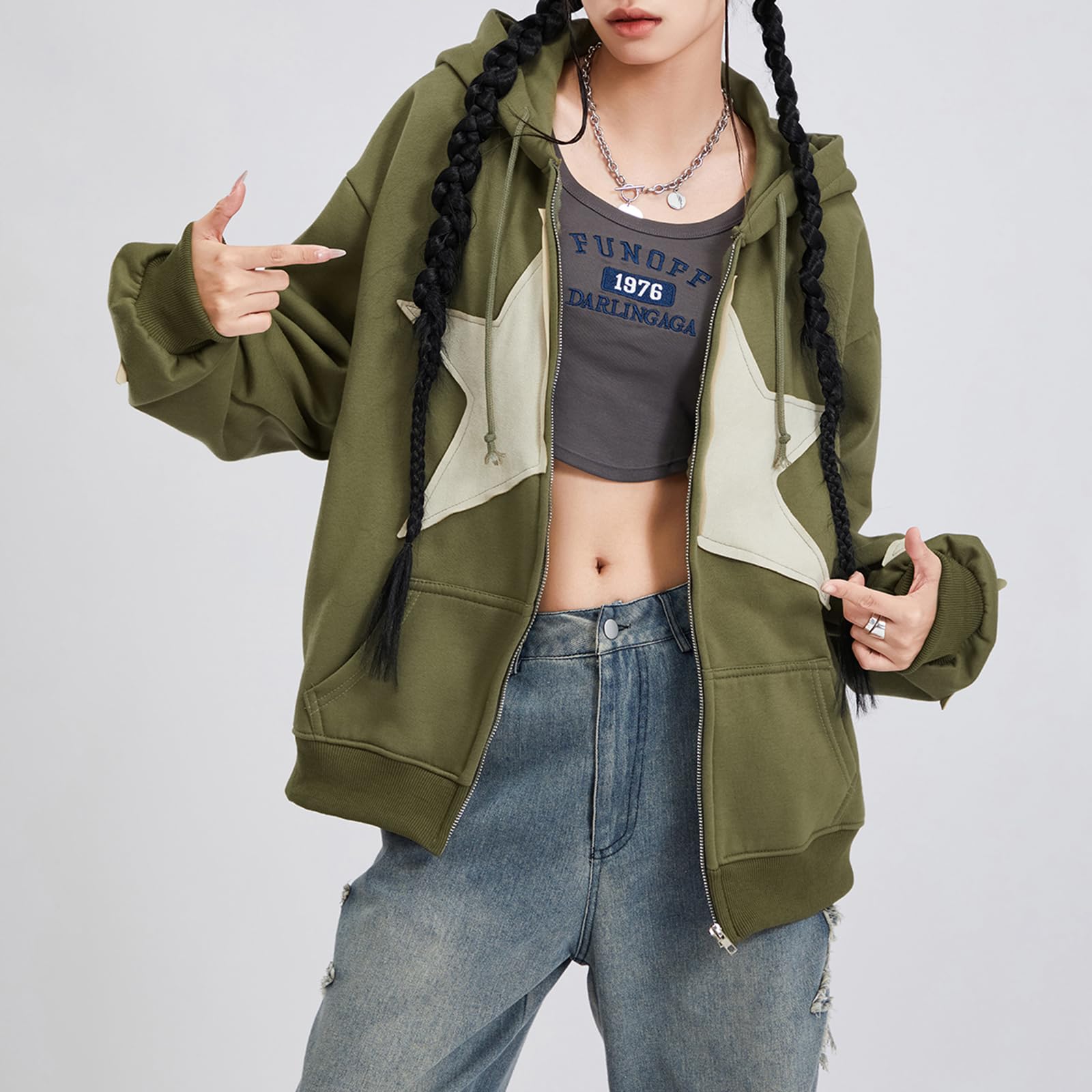 Damen Y2K Kapuzenpullover mit Reißverschluss, Sternenmuster, übergroße Sweatshirts, Fee, Grunge-Grafik, Kapuzenjacke, Harajuku, ästhetisch, E-Girls, Streetwear