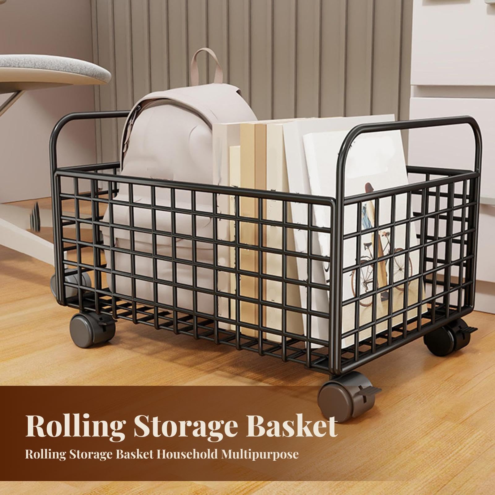 Carrello Multiuso con Ruote, Contenitore Portaoggetti in Rete sotto La Scrivania E Cestino Porta Libri di Cucina, Nero, 25 Cm X 48 Cm X 30