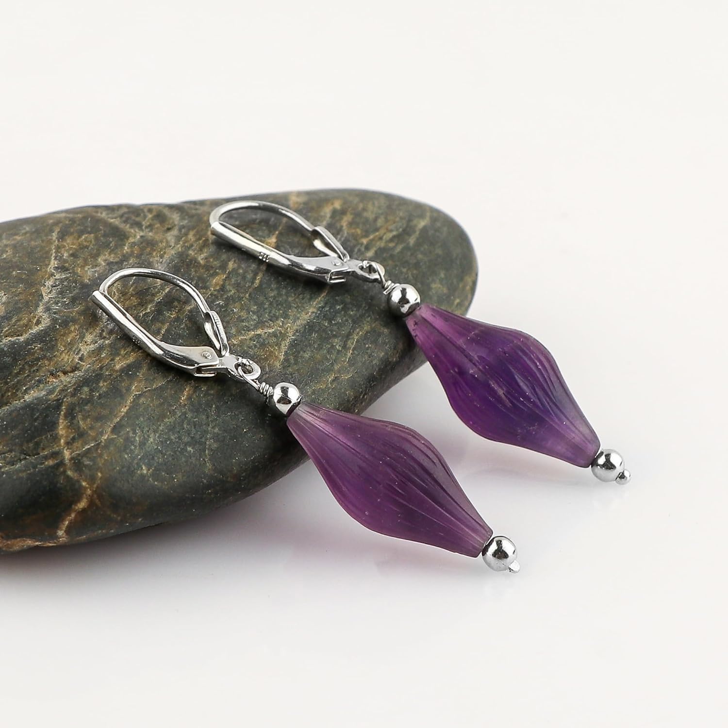 CRYSTALIS Amethyst Gemstone Earring Set, Dainty Pair Jewelry for Women, Natural Carved Beads, Chakra Crystal, Wardrobe Essential Jewelry, 925 Sterling Silver - Image 3