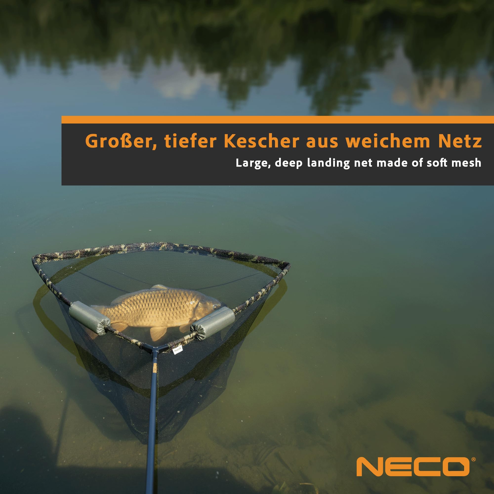 NECO Épuisette à Carpe 100x100 cm avec Flotteurs - Grand Filet Pliable et Léger avec Étui, Panier Profond pour la Pêche aux Poissons et Carpes (70202)