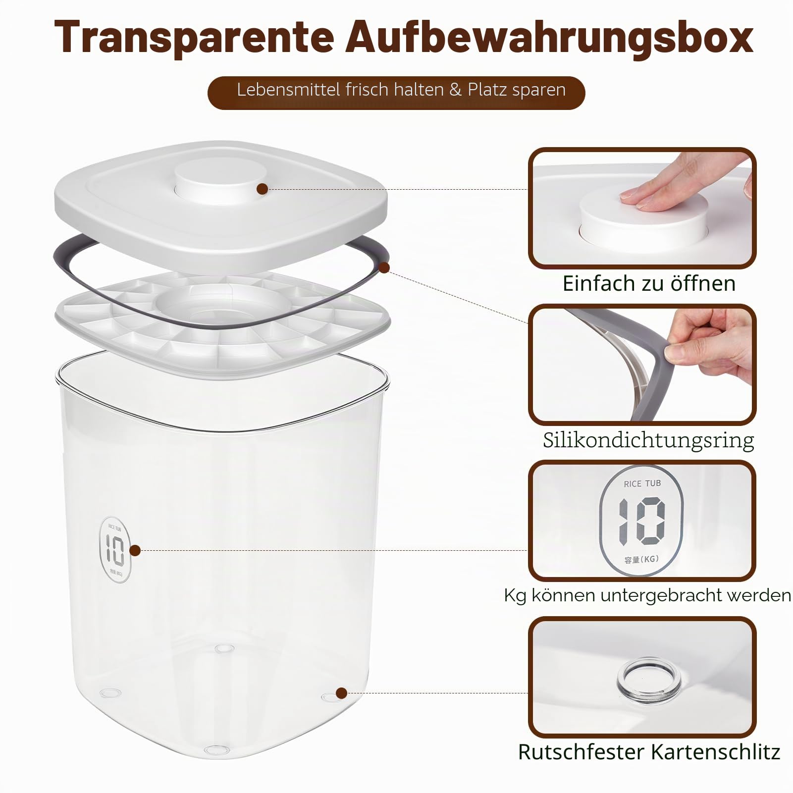 Reis Aufbewahrung 10KG mit Messbecher, Trockenfutter Aufbewahrungsbox 11 Liter, Transparent Vorratsdosen mit Deckel Luftdicht Müslispender, Plastik Getreidevorratsbehälter Küche Mehl, Reis