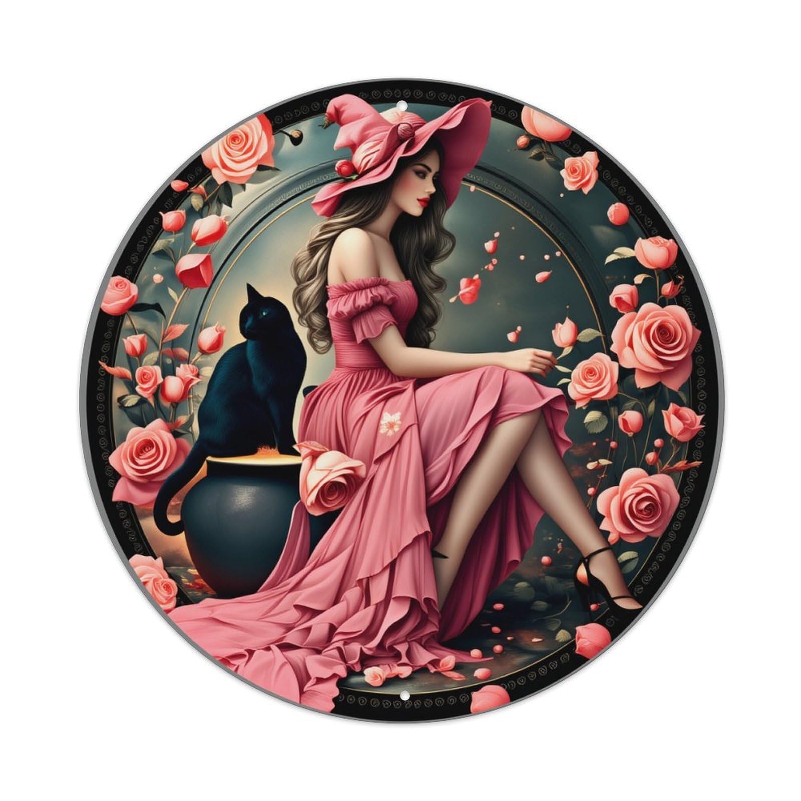 Wmlzdnwr Vintage Pink Rose Woman Cat Vase Floral Pattern Round Tin Sign,Retro Wall Art,Metal Poster For Home, Bar, Garage, Cafe, Rustic Indoor & Outdoor Decor, 8X8 Inches