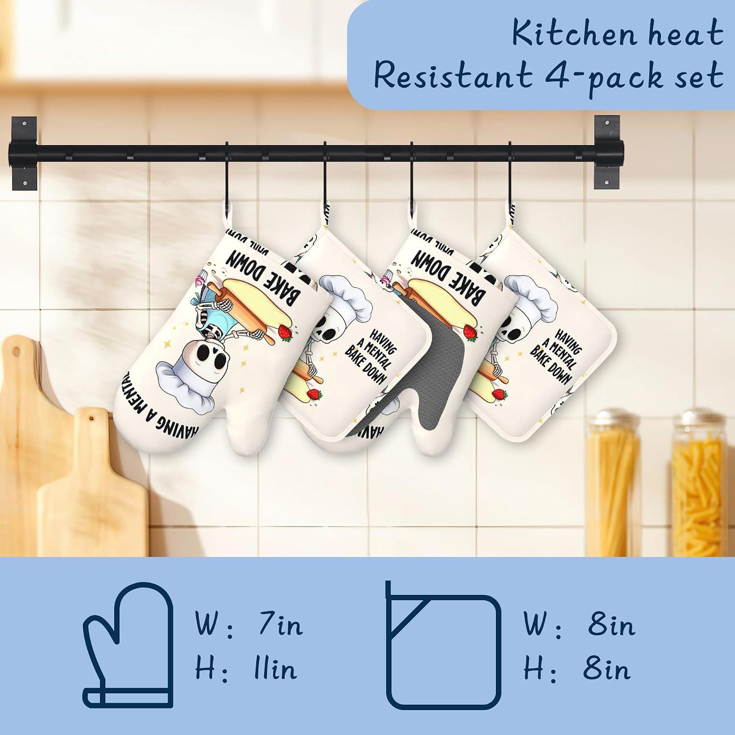 Oven Mitts and Pot Holders Sets,Cute Skeleton Thick Cotton Kitchen Oven Mitt Set,Funny Bake Waterproof Anti-Slip Silicone Mittens for Baking,Cute Cooking Utensils Set for Bakeries Barbecues