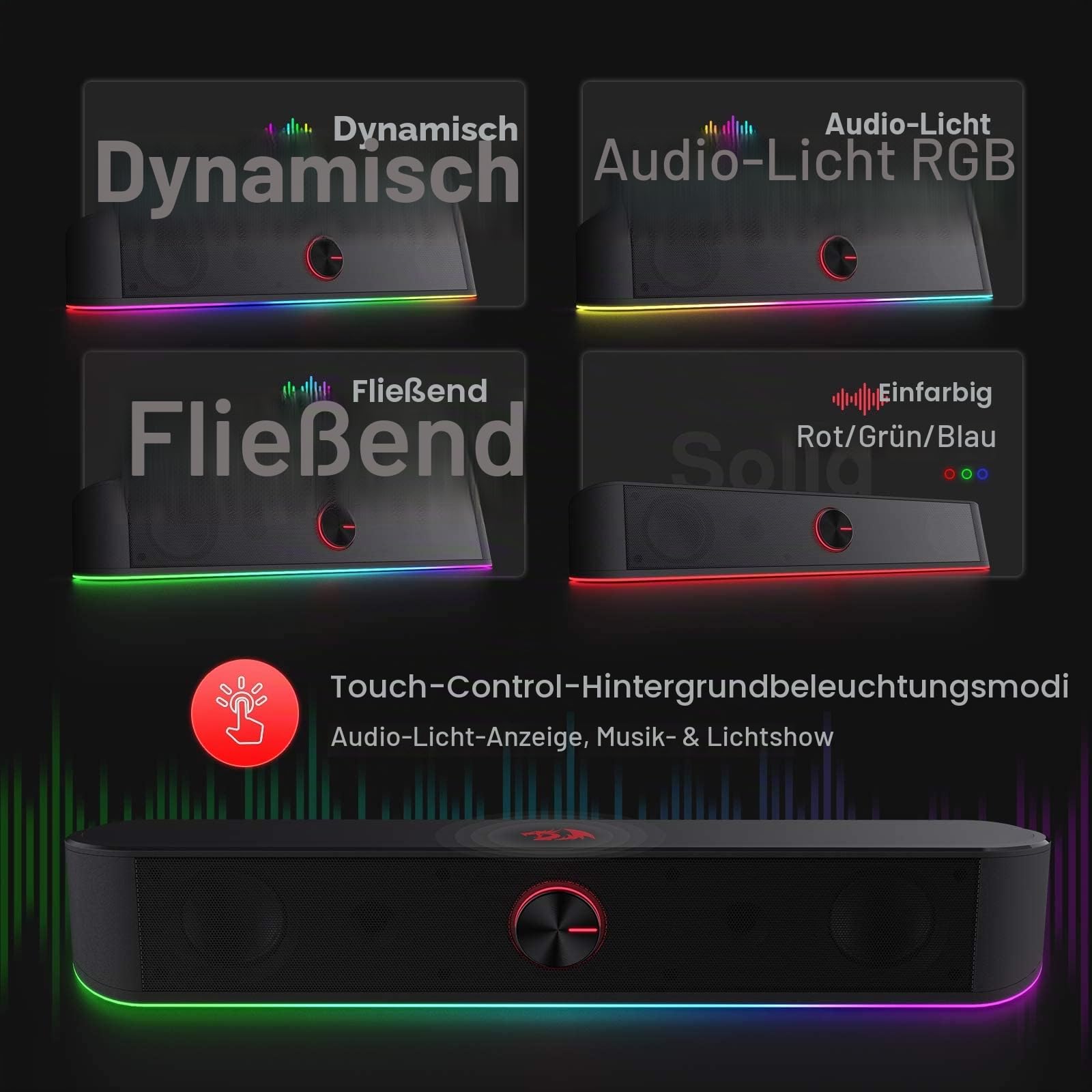Redragon GS560 Adiemus RGB Desktop-Soundbar, 2.0-Kanal-Computerlautsprecher mit dynamischer Lichtleiste Audio-Light-Sync/Display, Touch-Control-Hintergrundbeleuchtung mit Lautstärkeregler, USB Kable