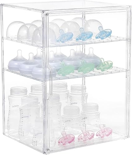 YESGIRL Organizador de biberones transparente de 3 niveles, almacenamiento acrílico apilable transparente con cajón para encimera, estación de