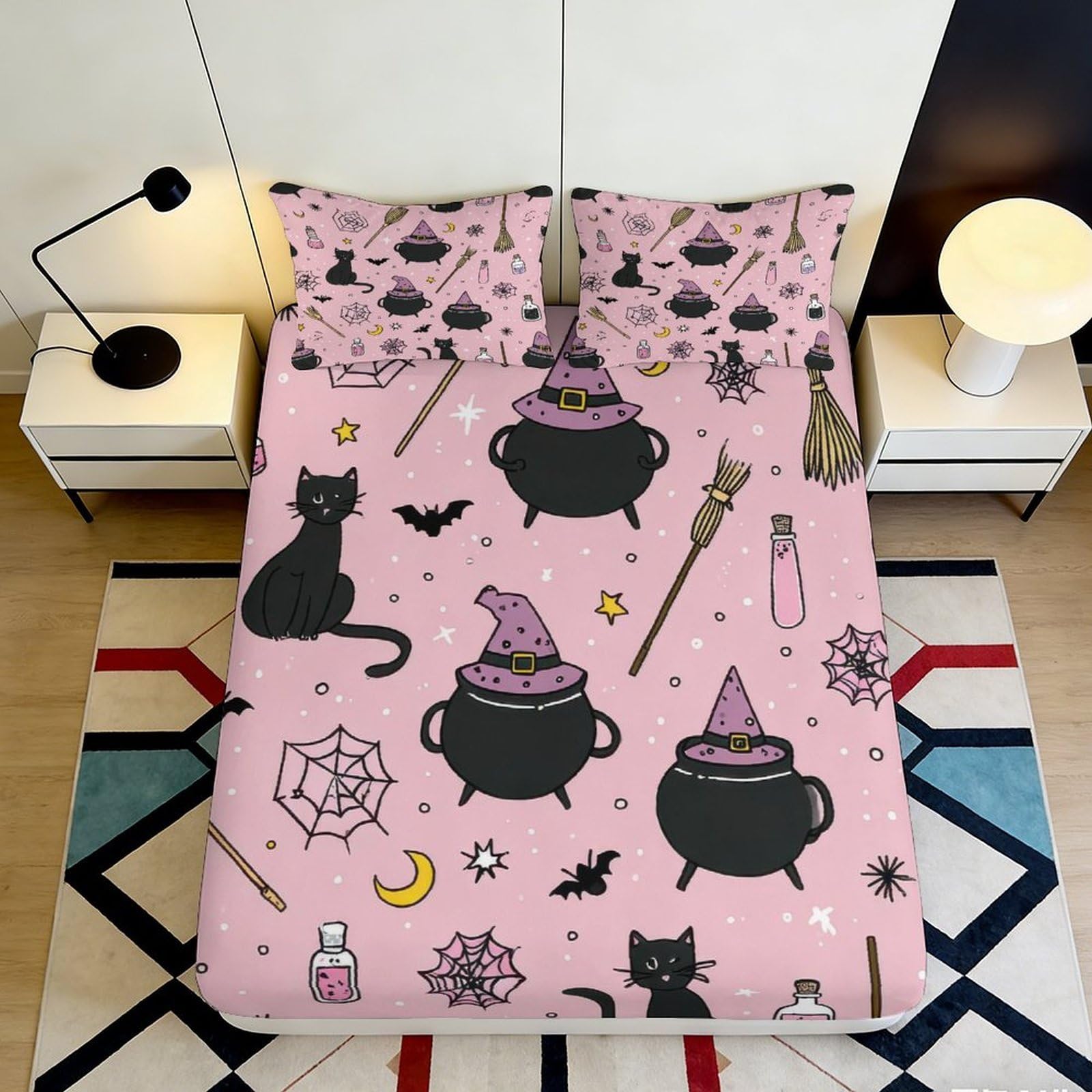 3D Printed Witch Cauldron Fitted Sheet Microfiber Soft Pink Cat Potion Bed Cover for Bedroom Dorm Decor 90x200x25cm