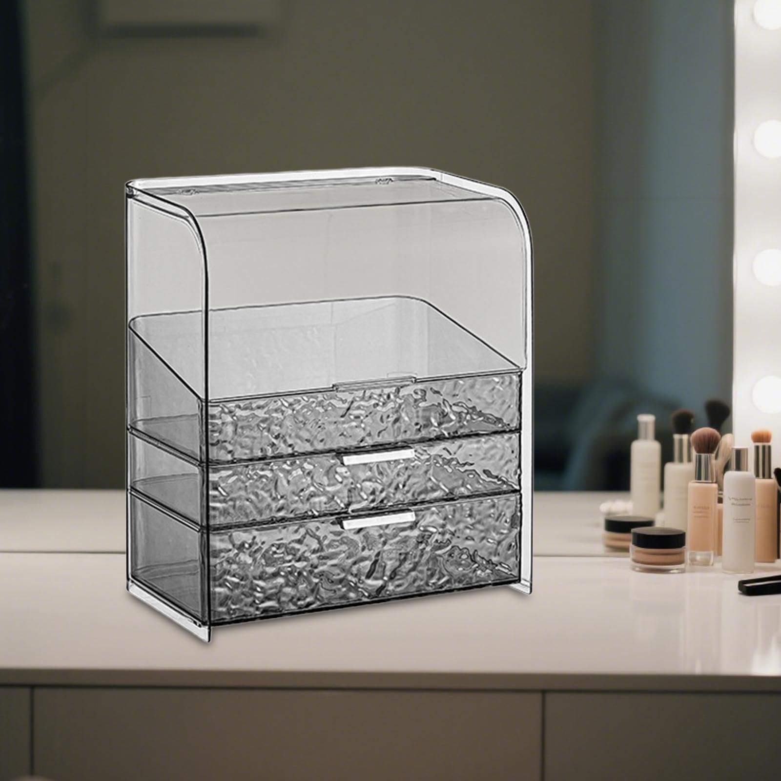 Organizador de Maquillaje Estuche de Almacenamiento Cosmético con Tapa Y Cajones para Mostrador Material Pet Transparente Protección de Maquillaje Ade, Gris, con Tapa