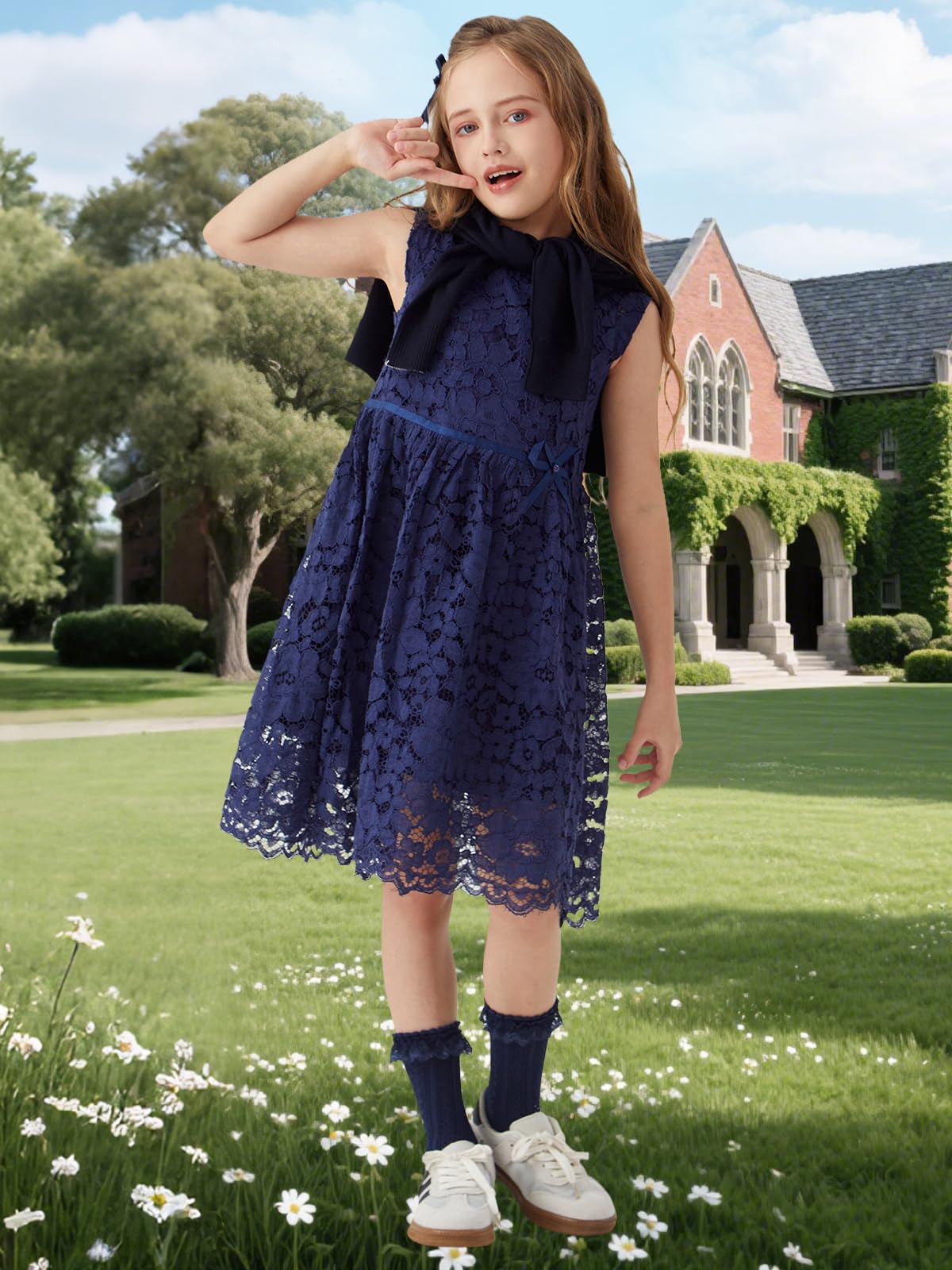 ALLOVIN Robe de fête en Dentelle A-Line sans Manches pour Filles et Tout-Petits pour Pâques, Anniversaire, Robe de Demoiselle d'honneur avec nœud perlé 2-12 Ans