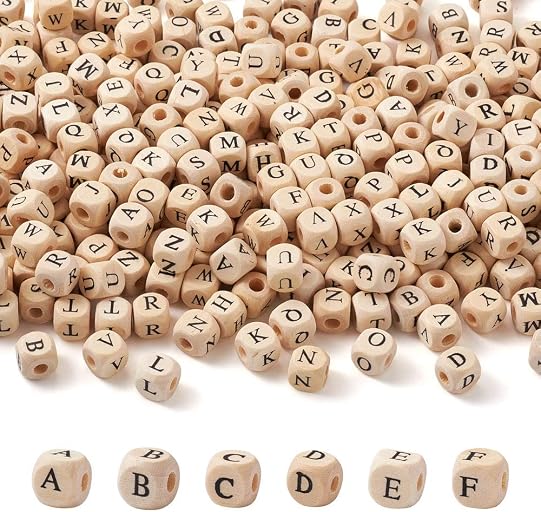 KISSITTY 520pcs/bag Cube Wood Beads with Initial 26 Letters 10mm Natural Square Alphabet Wooden Loose Beads for Jewelry DIY Crafts Making PapayaWhip