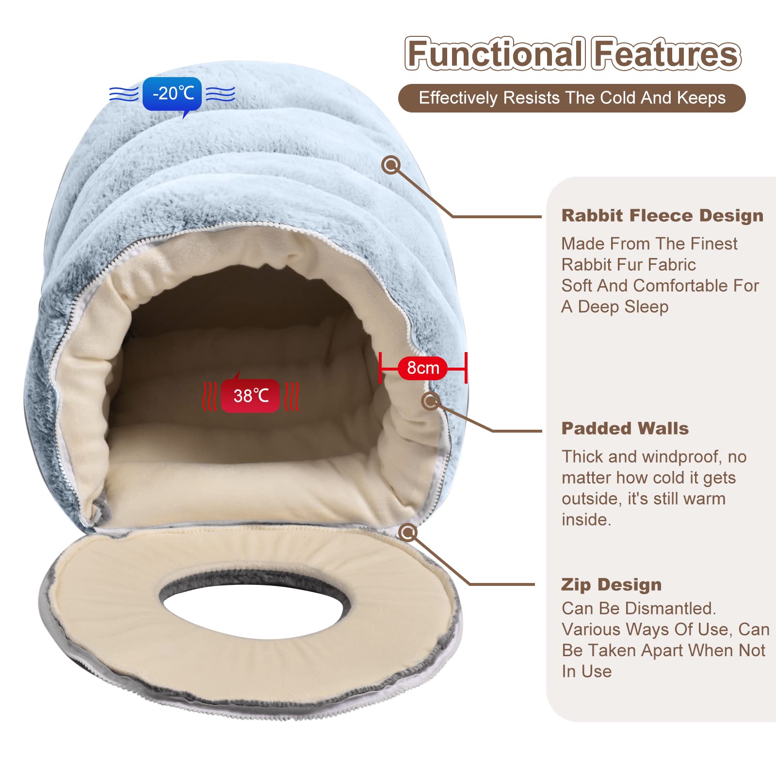 PETCUTE Faltbar Katzentunnel Katzenbett,Super Weich Katzenhöhle,Donut Hundebett für große, Mittelgroße & Kleine Hunde,Waschbares Katzennest mit Reißverschlüssen,Vollständig Abnehmbar