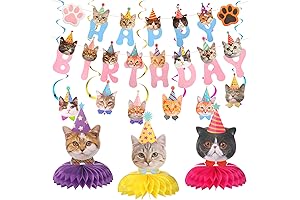 Chinco Cat Theme Birthday Party Decorations with Hanging Cutouts and Swirls