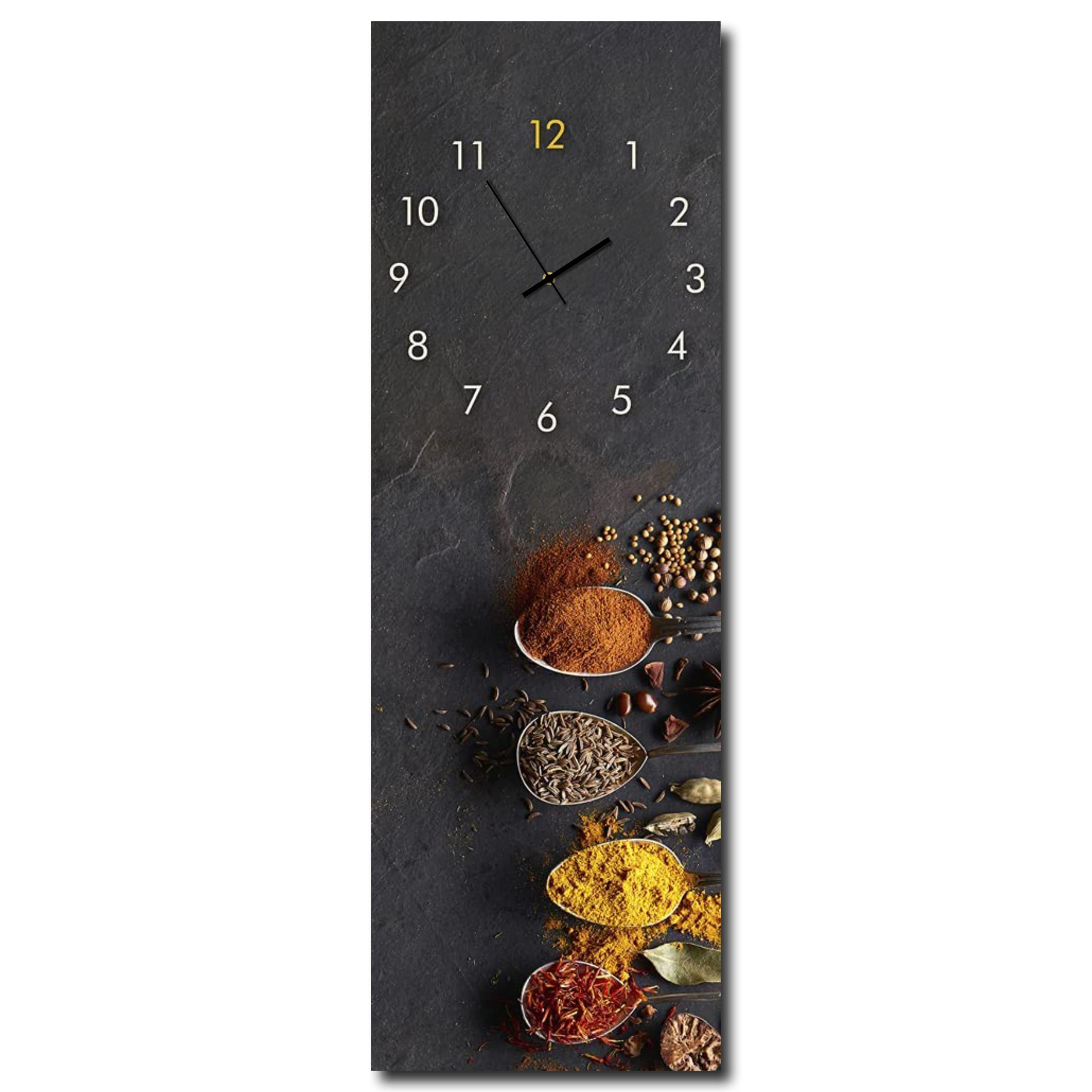 Wanduhr Spices & Spoons 20 x 60 cm | lautlose Uhr aus Glas Made in EU - Glasuhr inklusive Wandaufhängung - Wanduhr ohne Tickgeräusche mit Metallzeiger | Küchenuhr Küche | eckig | analog modern
