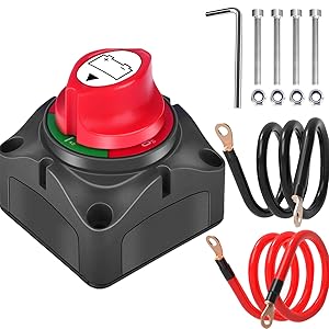 Battery Disconnect Switch, 2PCS Cables 1.64FT with Heavy Duty Wire Lugs, Battery Disconnect Switch 12V, DC 5-60V Master Isolator Cut/Shut Off for RVs, Campers, and Boats