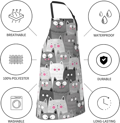 Miniatura 6 de Delantal impermeable de gatos lindos grises para adultos, babero de chef con 2 bolsillos para cocina, barbacoa, manualidades, dibujo