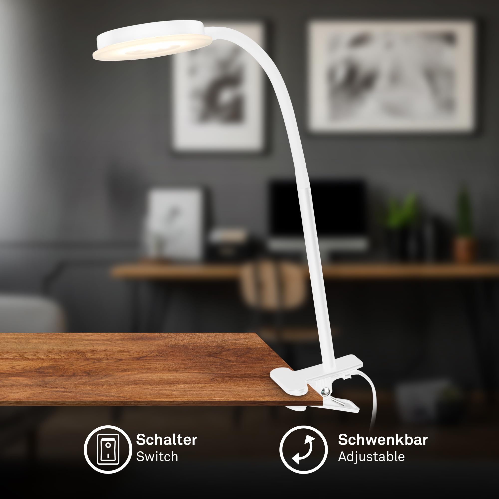 Briloner - Lampada a pinza con interruttore a cavo, luce bianca calda, orientabile, da lettura, morsetto, scrivania, comodino, 26 x 10,5 x 37 cm, bianco (Confezione da 2)