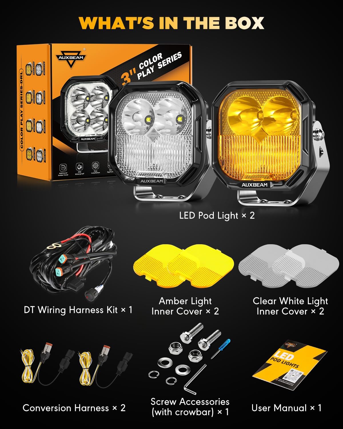 Auxbeam Color Play Series 3 Inch LED Pods, Off Road Light with Amber White DRL & Turn Signal 100W Spot Flood Combo Beam Offroad Lighting Fog Cube Ditch Light Bar for Jeep Truck ATV, 2 Years Warranty