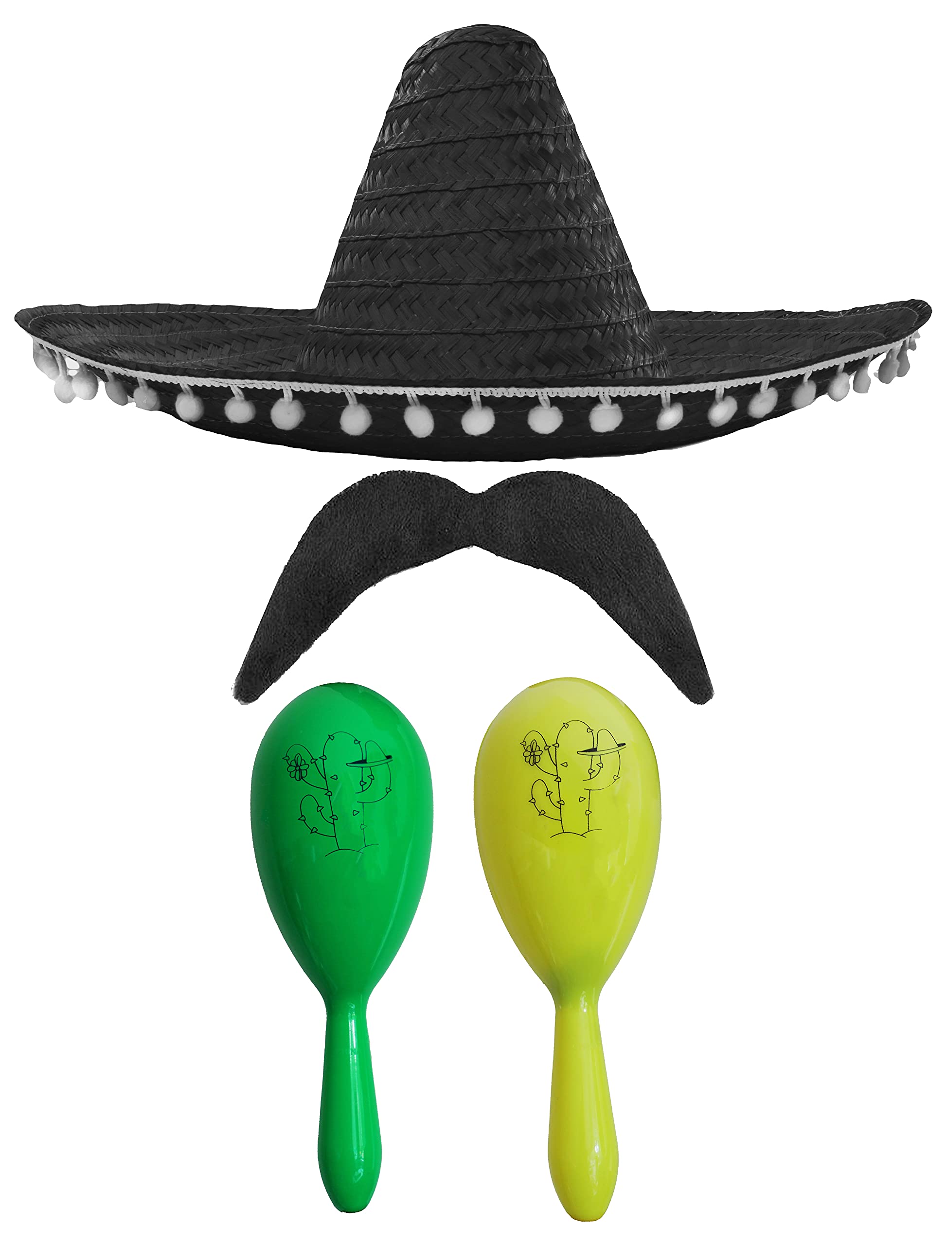 Adults Mexican Accessory Set - Black Mexican Sombrero, Green & Yellow Maracas, Moustache - Mexican Cinco de Mayo Sensorita Bandit Mariachi Fancy Dress Costume Accessory Set