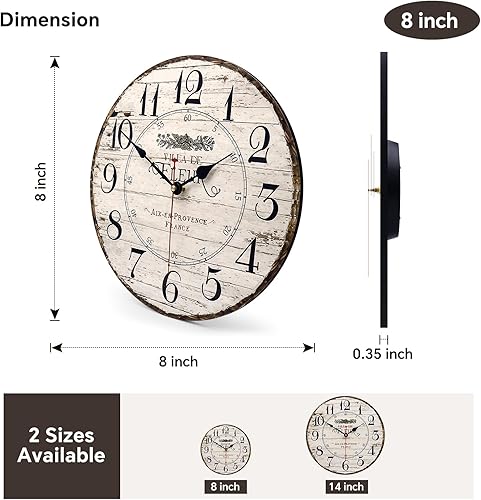 Miniatura 3 de Reloj de pared de 8 pulgadas, fácil de leer, números arábigos, reloj de pared redondo de madera, silencioso, sin tictac, funciona con pilas, relojes