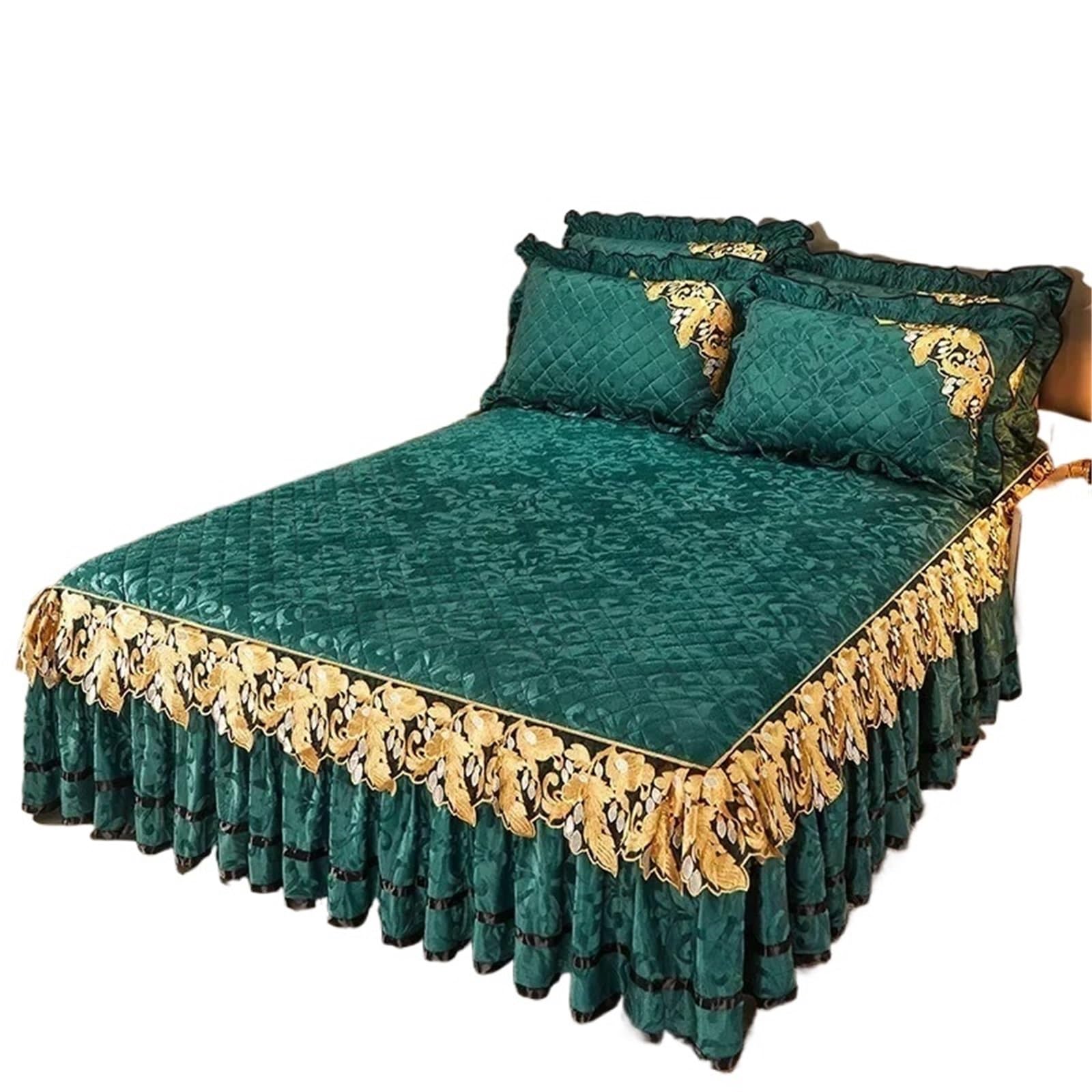 Plush Winter Warm Bedspread On The Bed Thickened Skirt-style Embroidery Quilt Bedding Cover Pillowcases(Green,Bed Sheet 150x200cm)
