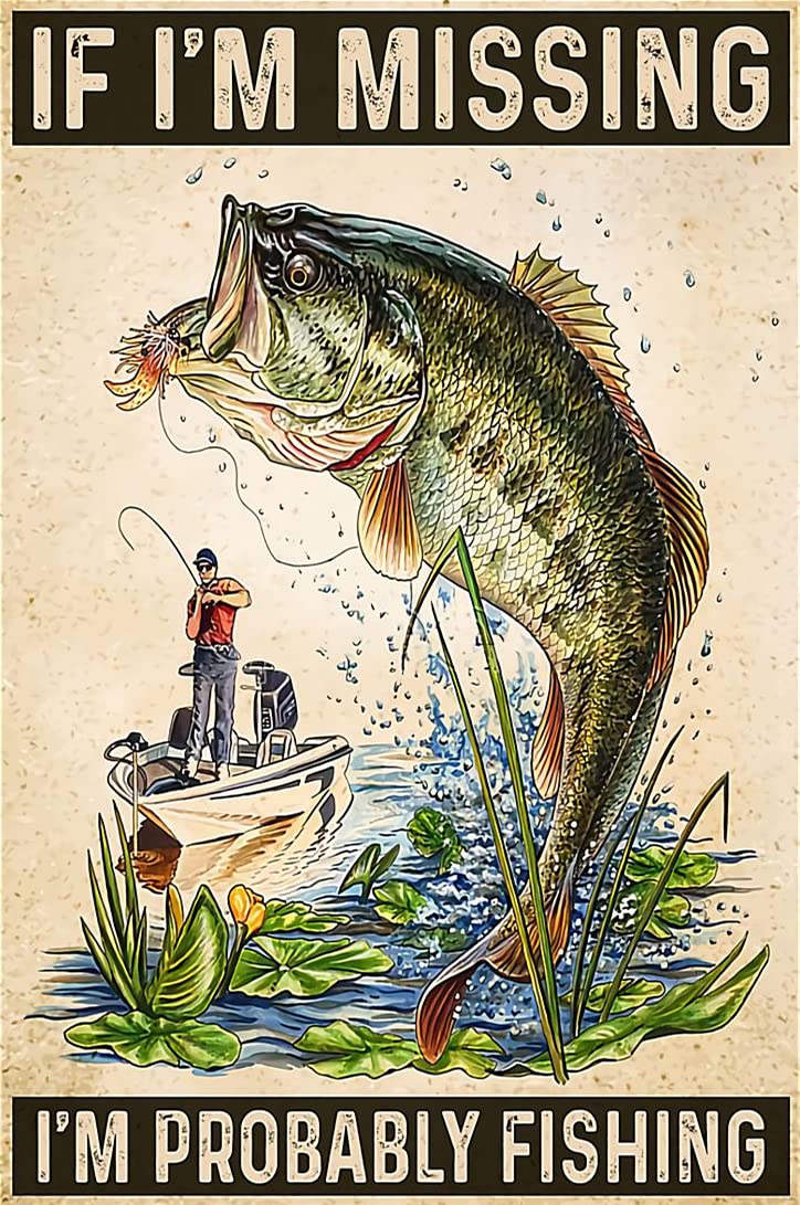 HOUVSSEN Fishing Poster If I Missed It, I Might Be Fishing Funny Tin Sign Wall Decor Men Cave Garage Bar, Woman Cave Kitchen Bathroom Wall Decor, Vintage Metal Tin Sign Plaque
