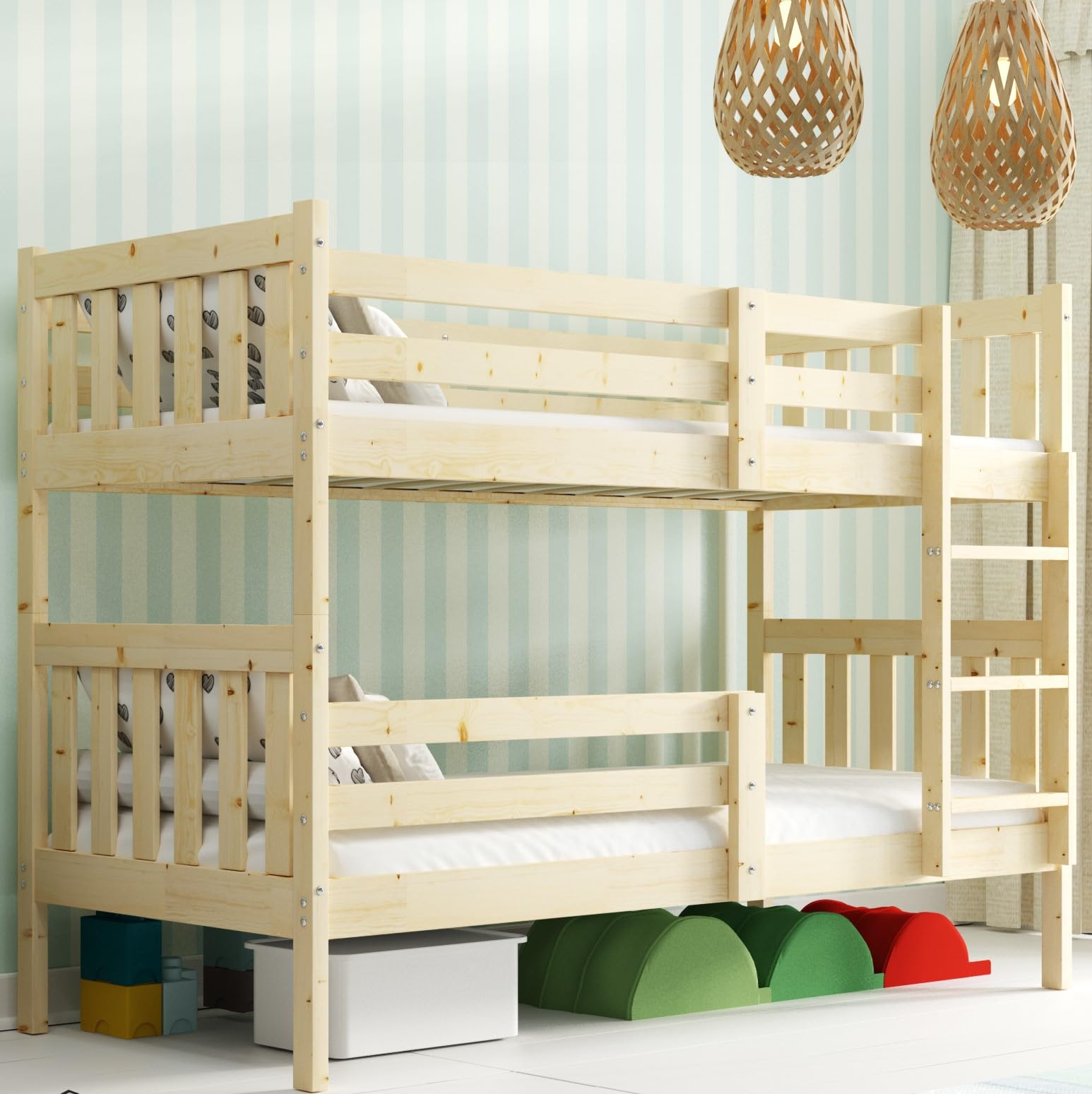 Interbeds Etagenbett Kaspar 200x90 Hochbett Stockbett aus Kiefernholz roh mit Leiter mit Lattenrost Naturholz Jugendbett Kinderbett für 2 Personen, teilbar in 2 Einzelbetten (Naturholz, 200x90)