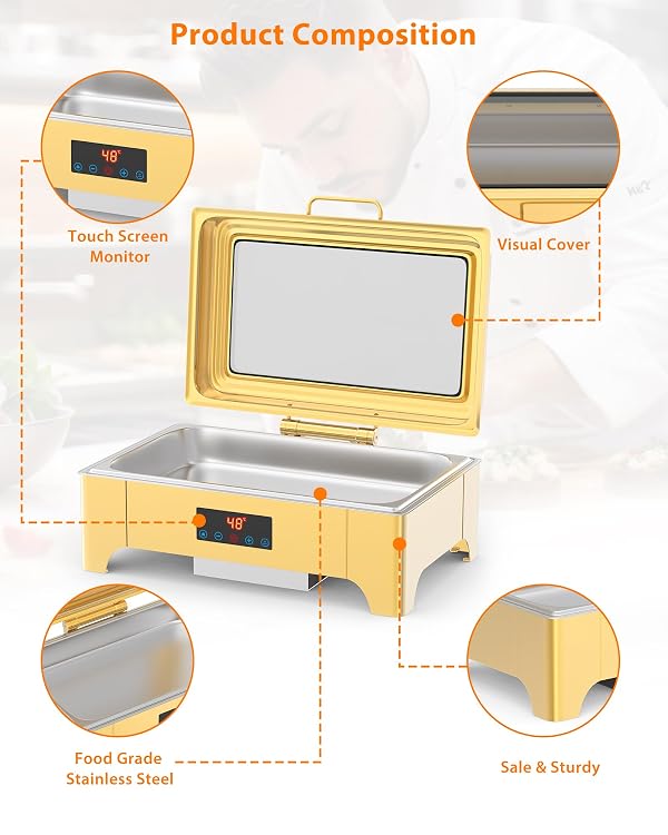9QT Electric Chafing Dish, Full Size Touch Screen Chafing Dishes for Buffet Roll Top Set with Glass Lid for Parties Catering Wedding, Gold by MilleLoom - Used condition - Image 5