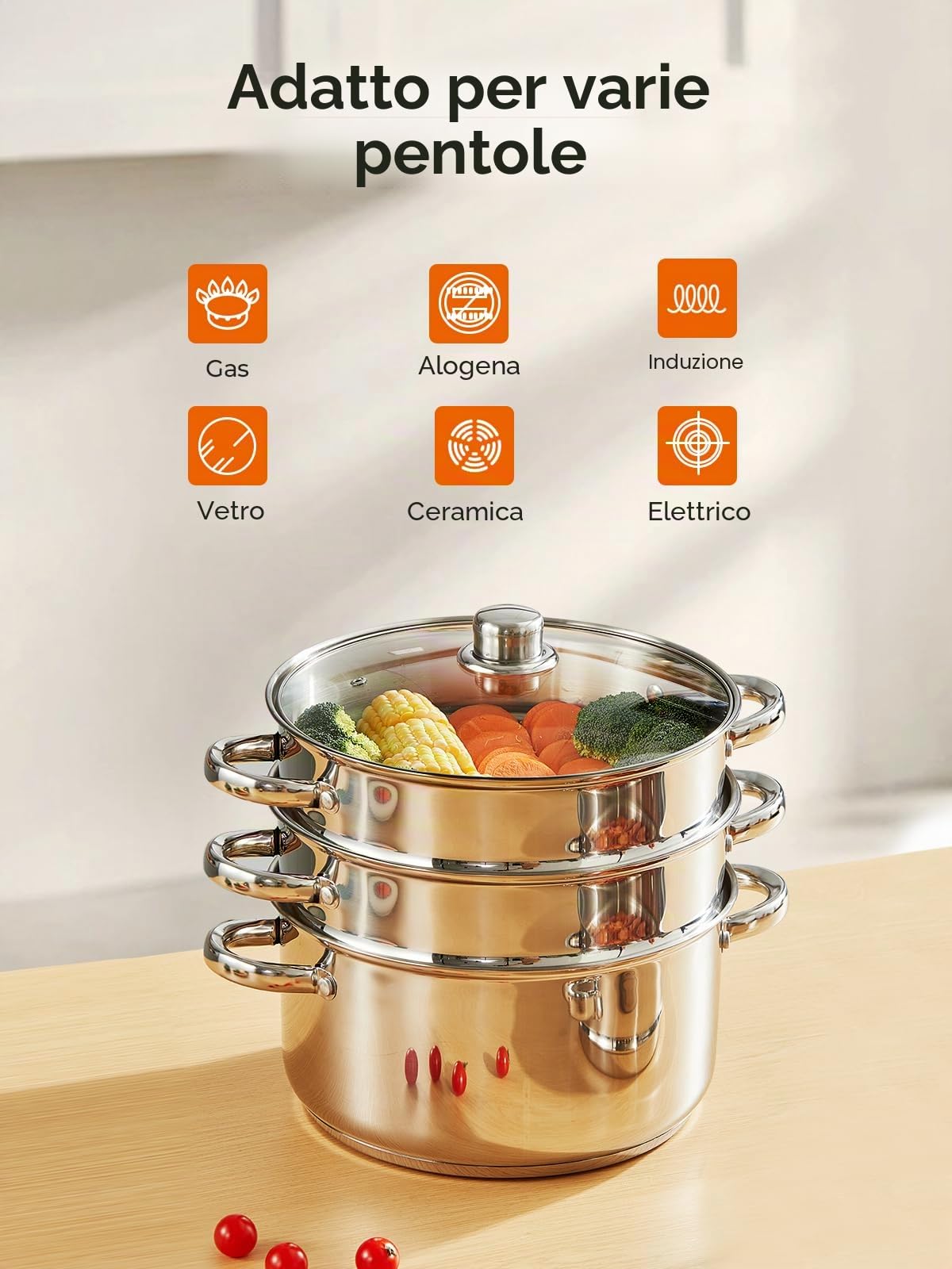 Pentola a Vapore in Acciaio Inox, Cuocivapore, Pentola (3 in 1), Diametro 26 cm, con Coperchio in Vetro, Cuocivapore per Tutti i Tipi di Fornelli, Anche a Induzione, Argento