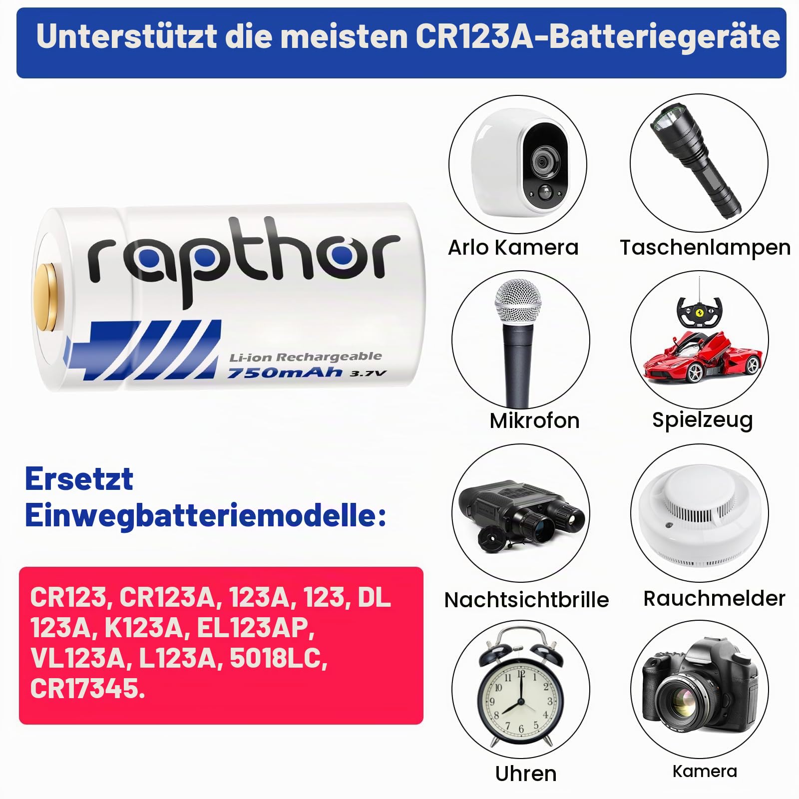 Rapthor wiederaufladbare Batterien 8 Stück 750mAh 3.7V mit Schnellladegerät Lithium-Batterien Kompatibel mit Arlo Kamera VMC3030/VMK3200/VMS3330 Taschenlampen intelligente Sensoren Alarm
