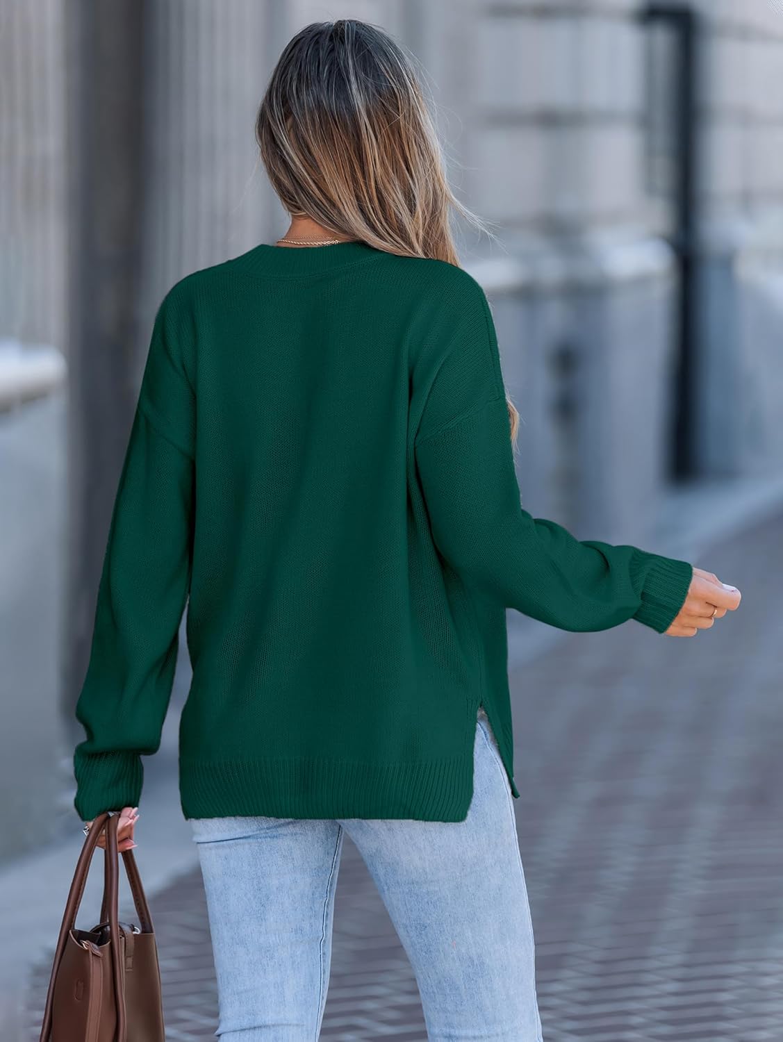 SunnyMelody Womens Oversized Pocket Sweater Fall 2025 Trendy Ribbed Knit Crew Neck Long Sleeve Side Slit Pullover Tops - Image 3