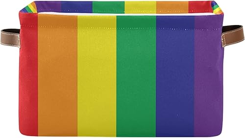 AUUXVA Cesta de almacenamiento LGBT Pride Rainbow Stripe Caja de almacenamiento de lona duradera plegable para juguetes, cesta organizadora con asas