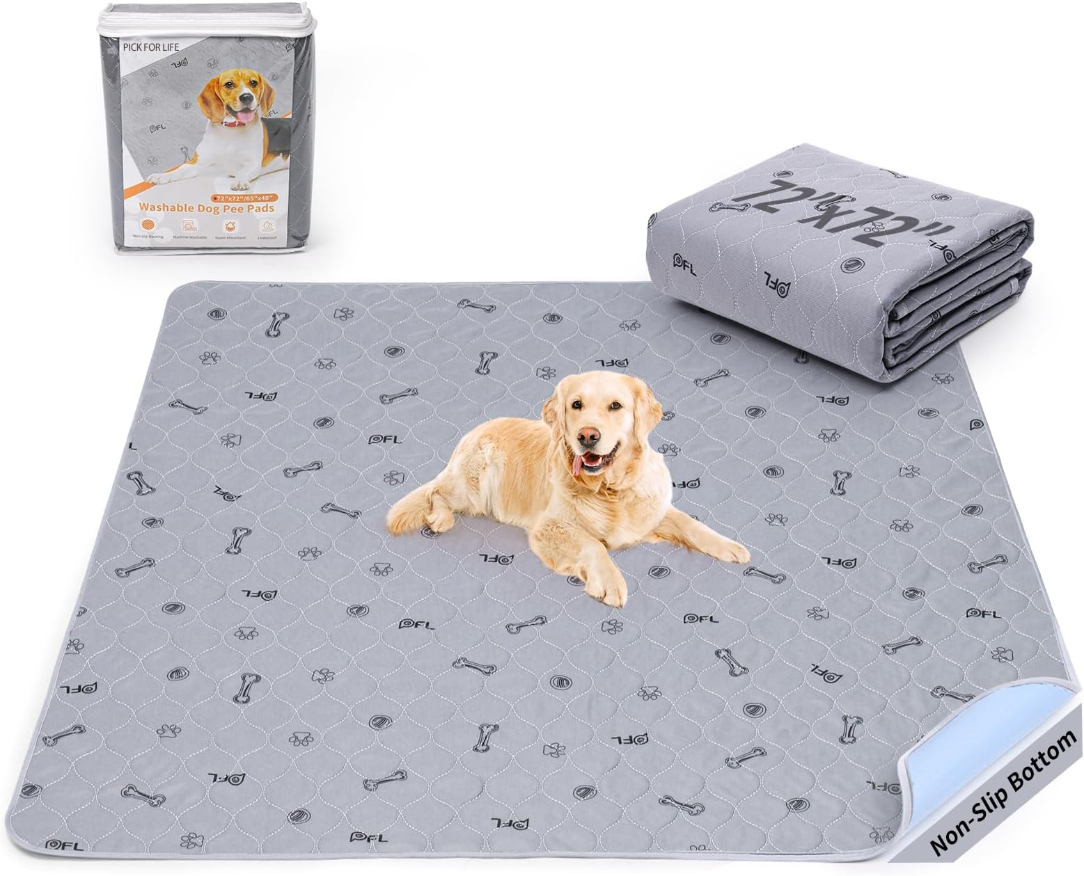 PICK FOR LIFE Washable Dog Pee Pad 72x72 Extra Large, Fast Absorbent Puppy Pads, Reusable Dog Training Pads Waterproof,Non-Slip Whelping Pad for Pet, Playpen, Incontinence, Housebreaking