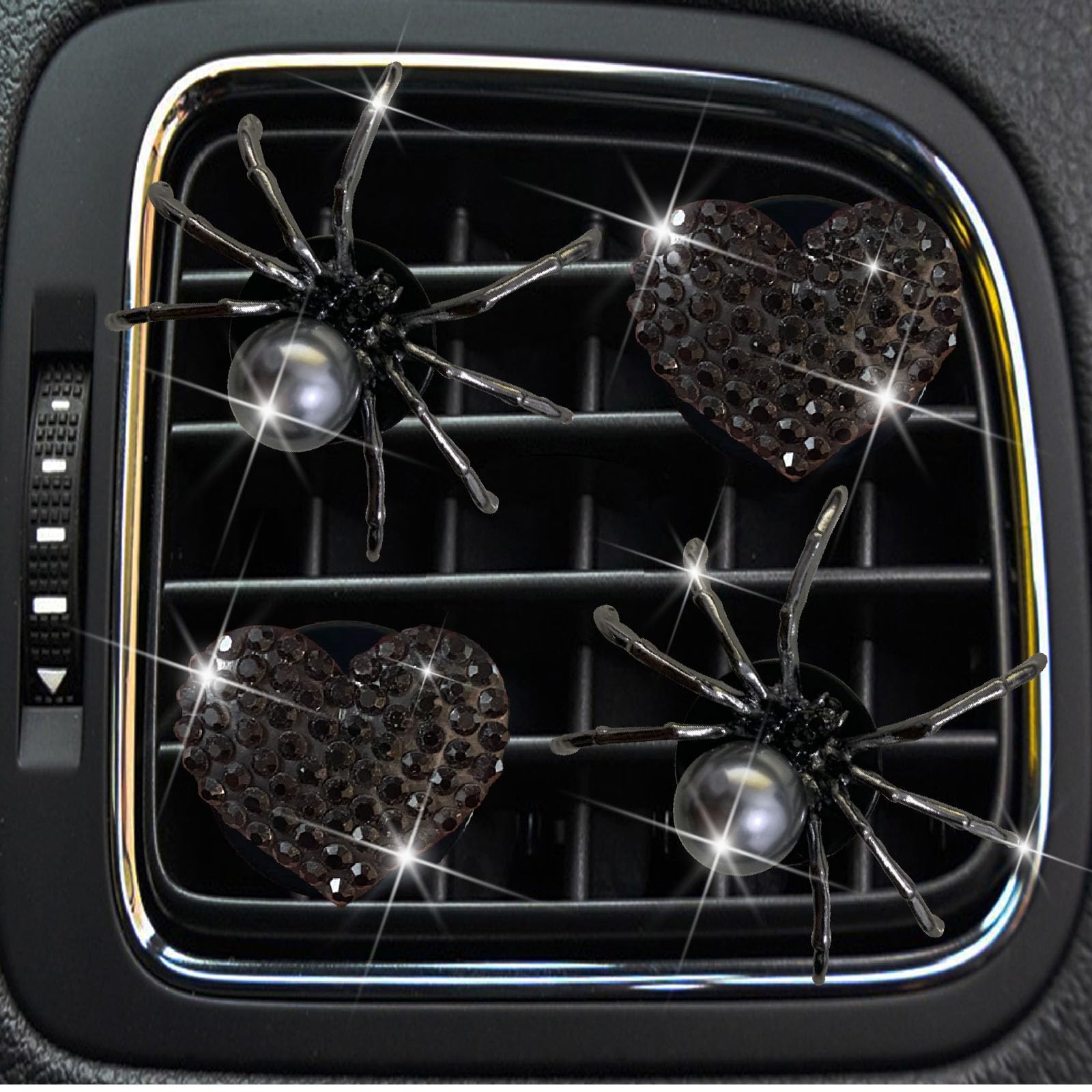 4 Pcs Black Bling Spider and Heart Car Air Fresheners Vent Clips Diffuser Vent Clip Rhinestone Diamond Decoration Car Interior Decor Cute Accessories