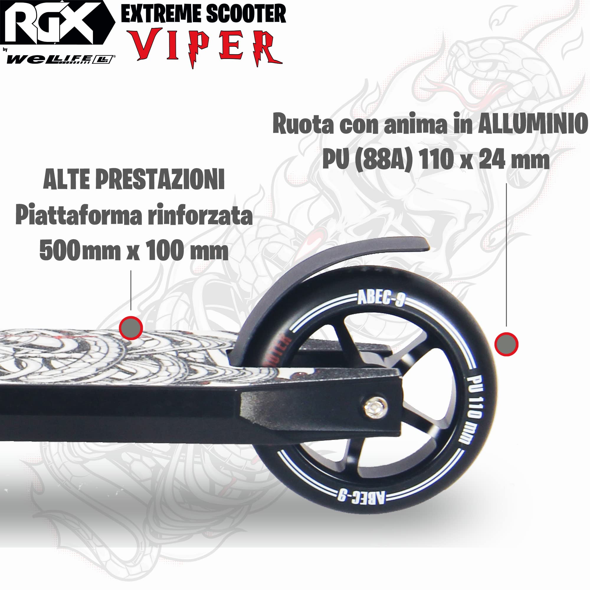 WeLLIFE Monopattini Freestyle Viper RGX Con Casco Protettivo Monopattino Freestyle Professionale, Manubrio HIC System Ruote 110mm e Cerchi in Alluminio, Cuscinetti Abec9, Ideale per Adulti e Ragazzi