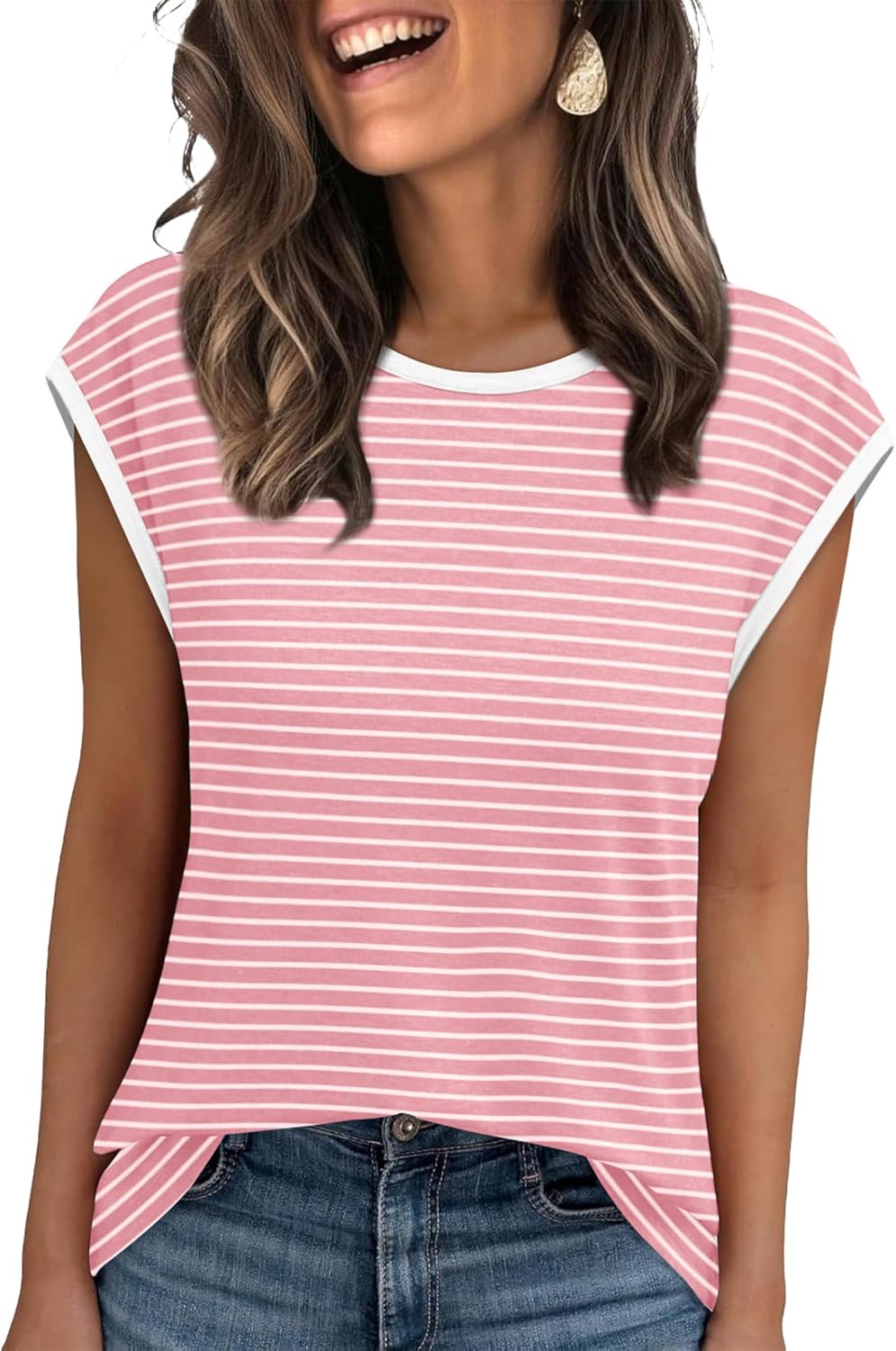 XIEERDUO Womens Tops Dressy Casual Summer Striped Shirts Cap Sleeve Tops Color Block Loose Fit