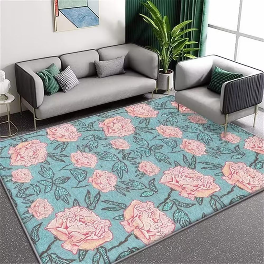 Tapis enfant rose 160x230cm anti-sol froid à motif grandes fleurs minimalistes