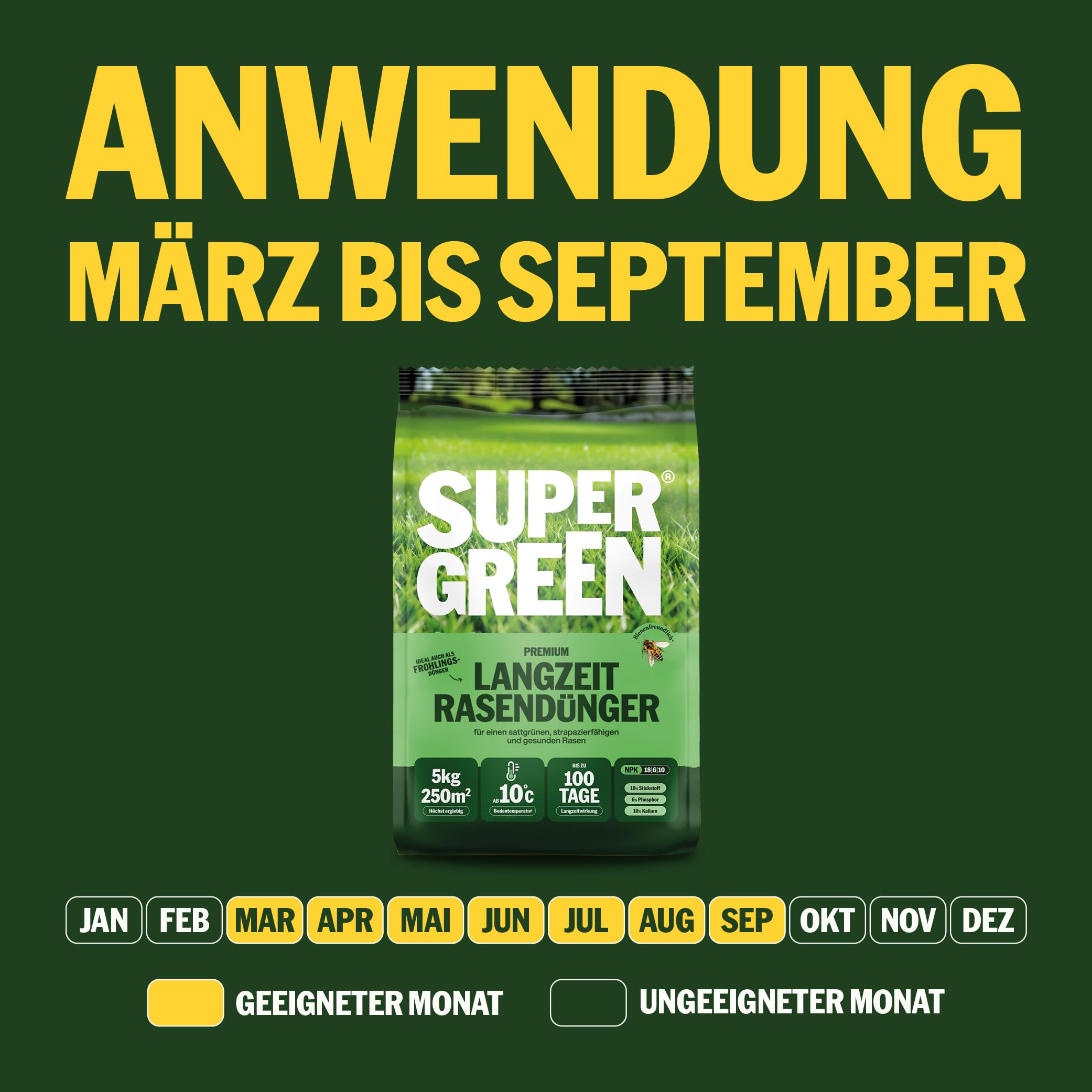 SUPERGREEN Rasendünger Langzeit bis 100 Tage | 5kg | NPK 18-6-10 für schnellen, sattgrünen, dichten Rasen | Nitratfrei & staubfreies Granulat (2-5 mm) | Premium Qualität