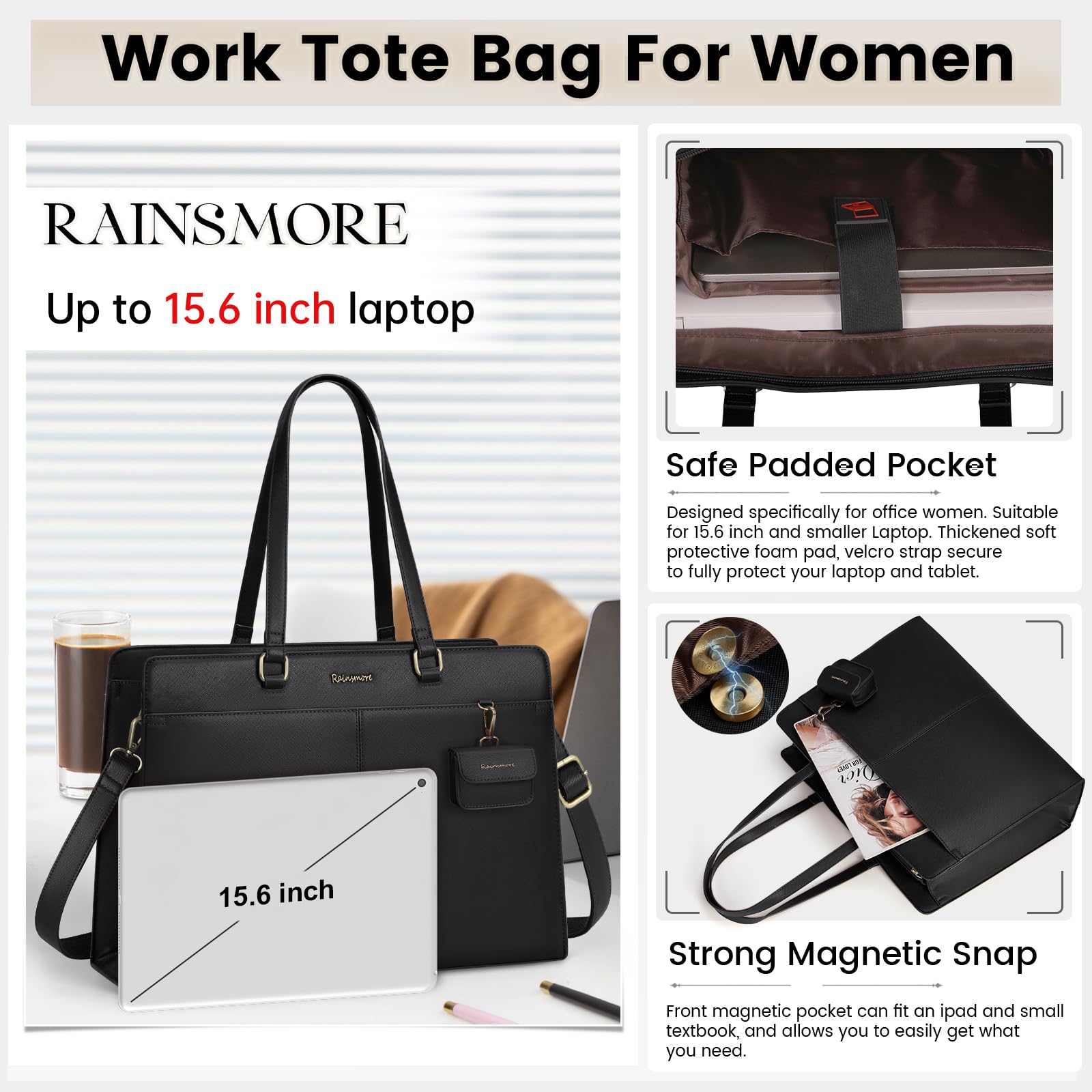 RAINSMORE Borsa Donna Grande Borsa Università Impermeabile 15,6 pollici Laptop Borsa da Lavoro Borsa a Tracolla in Pelle PU Viaggi Scuola Ufficio Shopping Nero