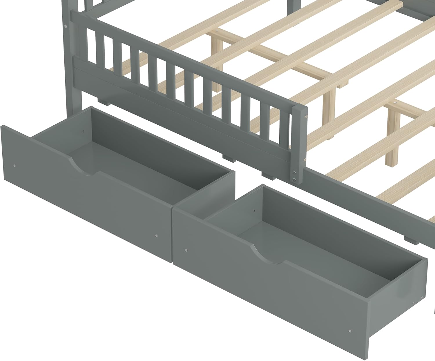 Full Size Platform Bed, Modern Solid Wood Full Bed Frame with Storage Drawers & Side Guardrails, Space-Saving Daybed with Slat Support for Bedroom Guest Room Apartment, No Box Spring Needed, Gray
