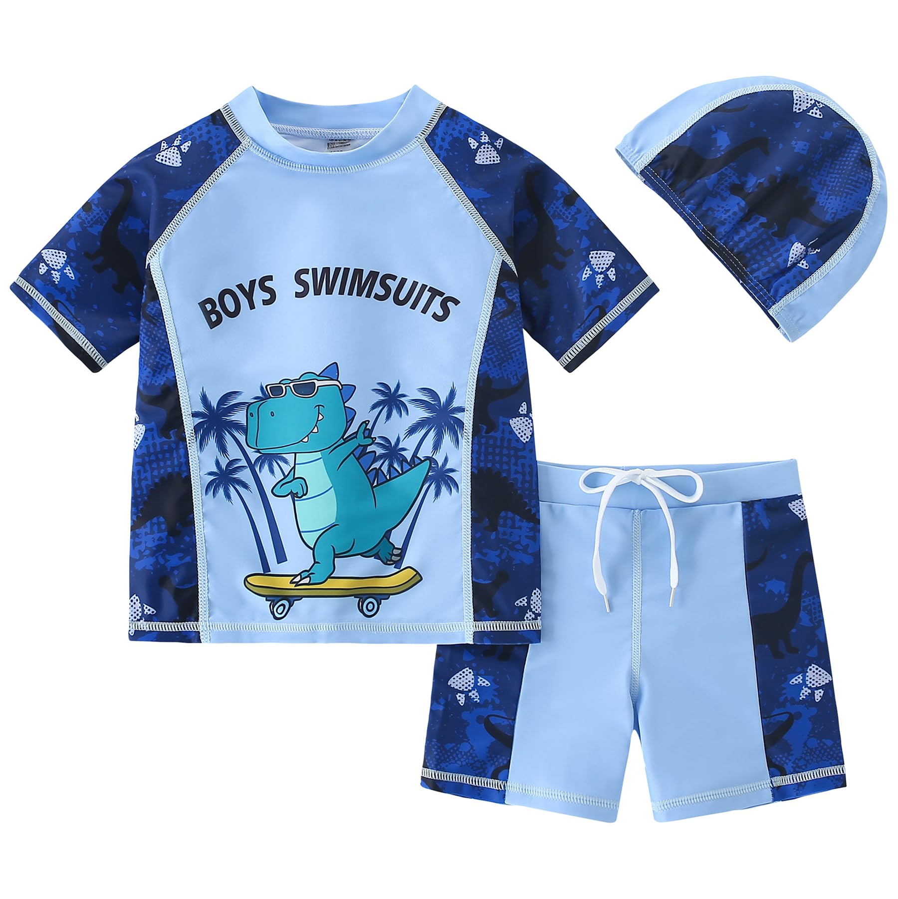 AIWUHE Toddler Boys Swimsuit Set Rash Guard Boys' Swimwear Two Piece Bathing Suit and Swim Trunk with Hat UPF 50+ 3-8Y