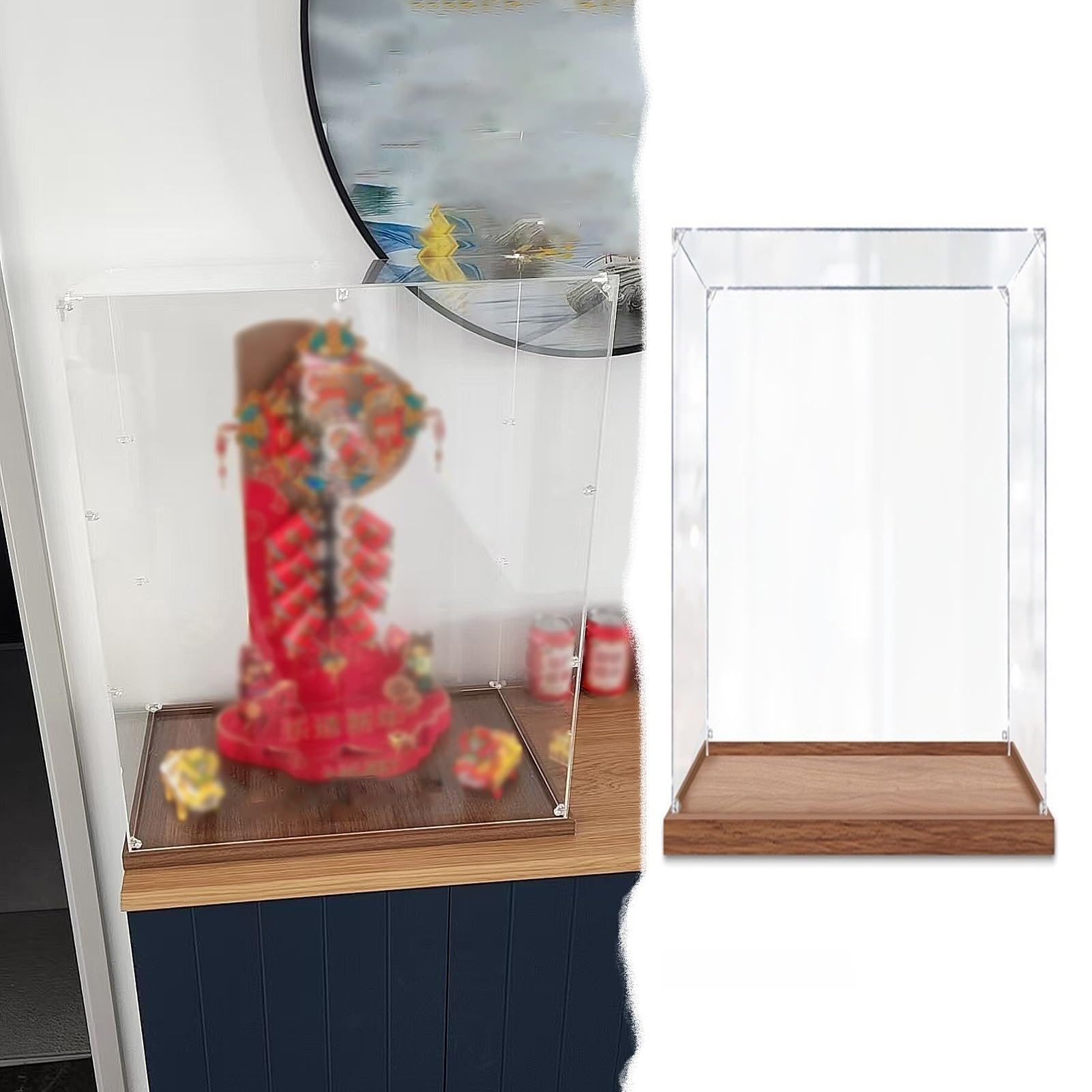 Dustproof Handicraft Figures Showcase/ Acrylic Display Cases with Wood Base, Rectangle Transparent Plastic Storage Bins, 10 15 20 25 30 35 40 50 55cm(50x40x30cm(20"x16"x12"))