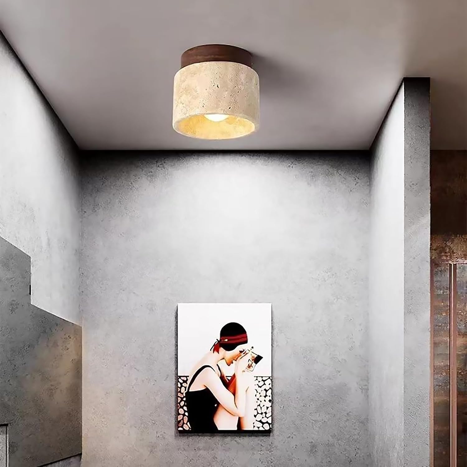 Nordic Mid Century Modern Yellow Travertine Semi Flush Mount Ceiling Light Vintage Farmhouse Close to Ceiling Lamp for Entry Porch Corridor Balcony Staircase Lighting Fixture (Walnut)